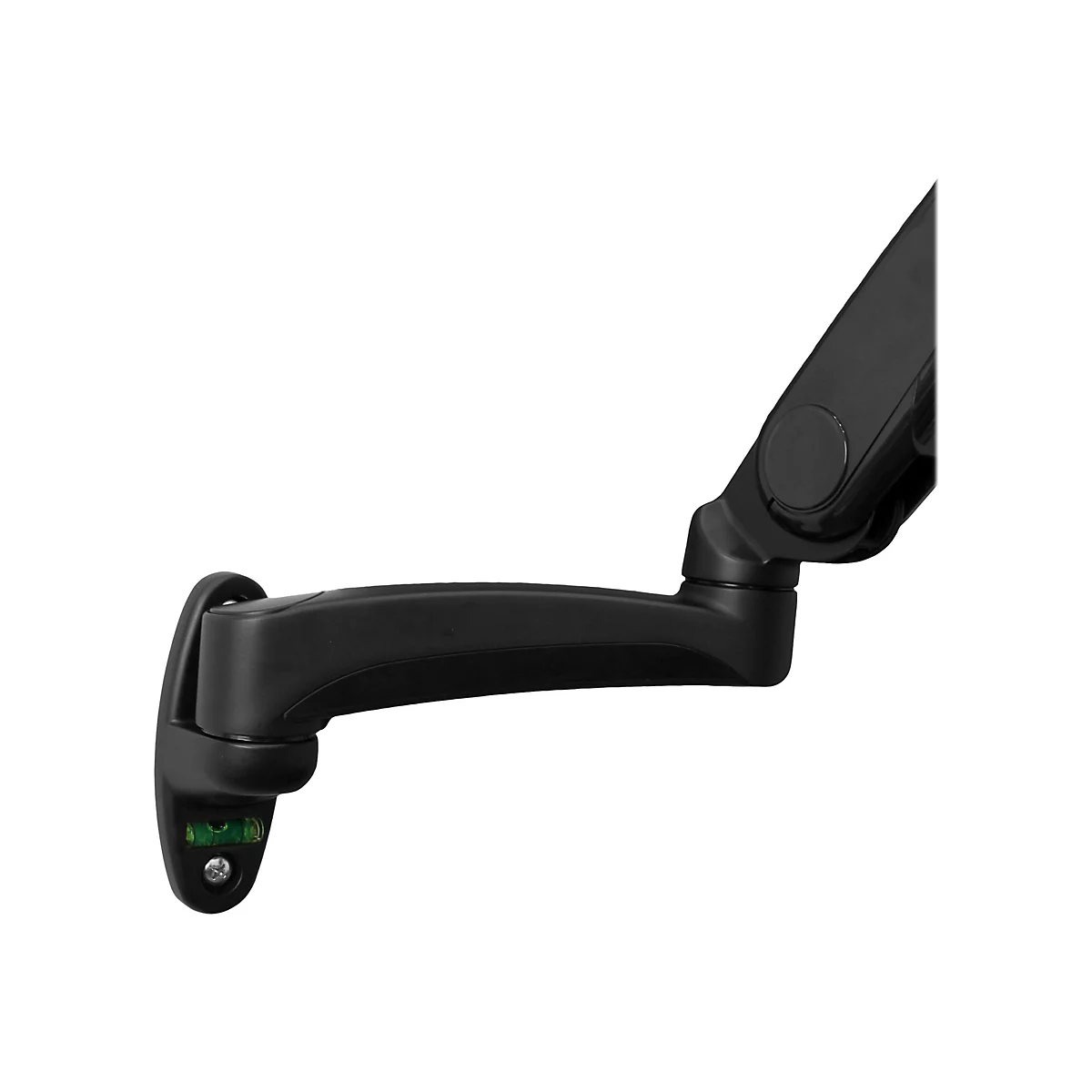 Schwarzer Monitorarm, nah. Der Arm wird an einer Wand befestigt. Eine Libelle ist an der Halterung angebracht.