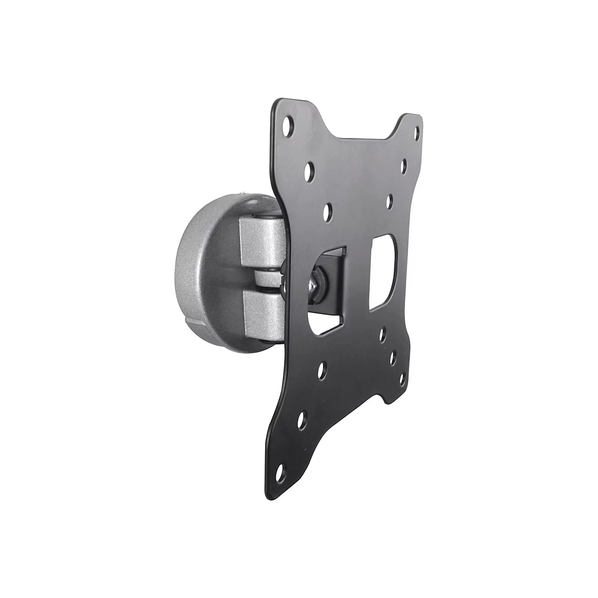 Schwarze TV-Wandhalterung, silbernes Gelenk, auf weißem Hintergrund.