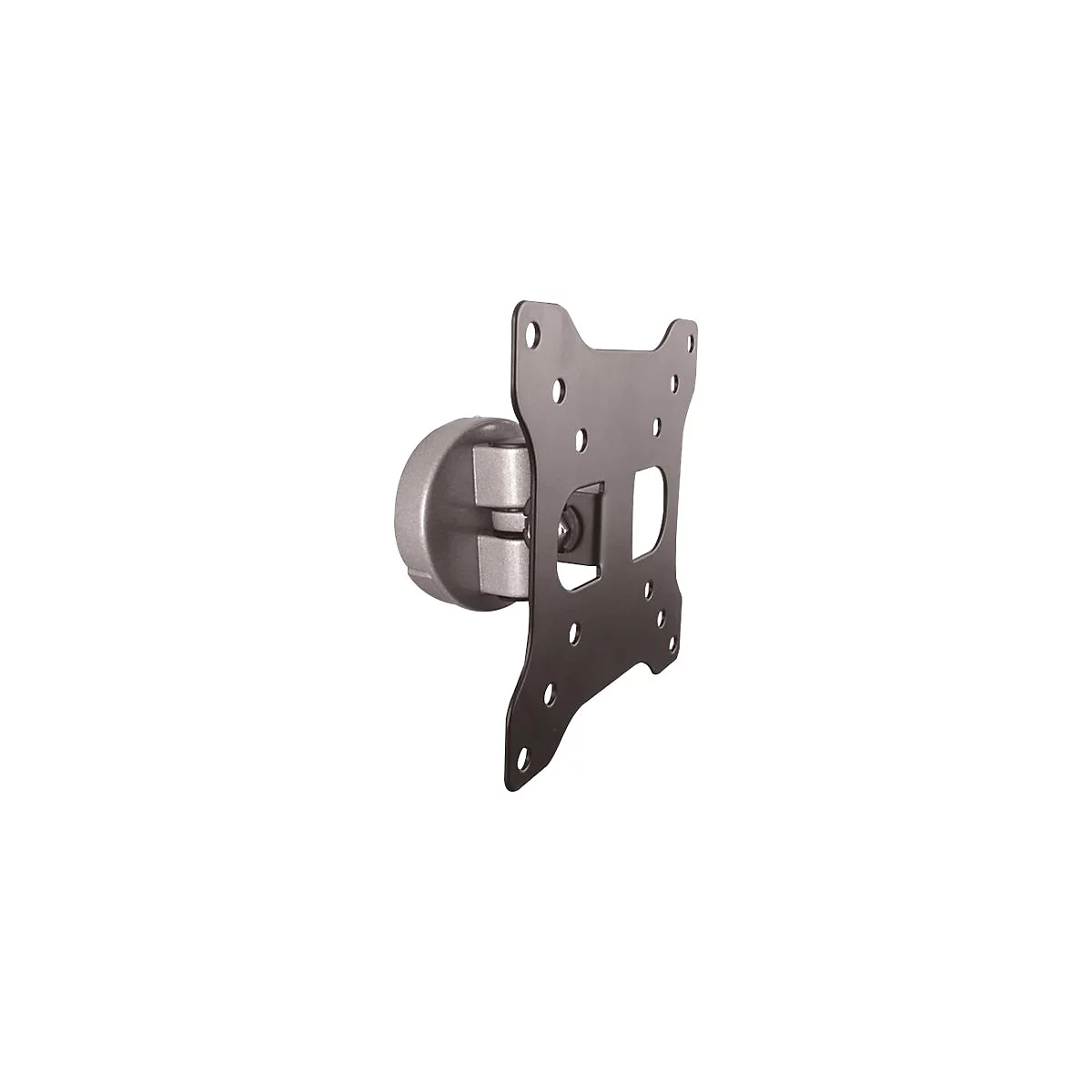 Schwarze TV-Wandhalterung, silbernes Gelenk, vor weißem Hintergrund. Mit Löchern zur Befestigung.