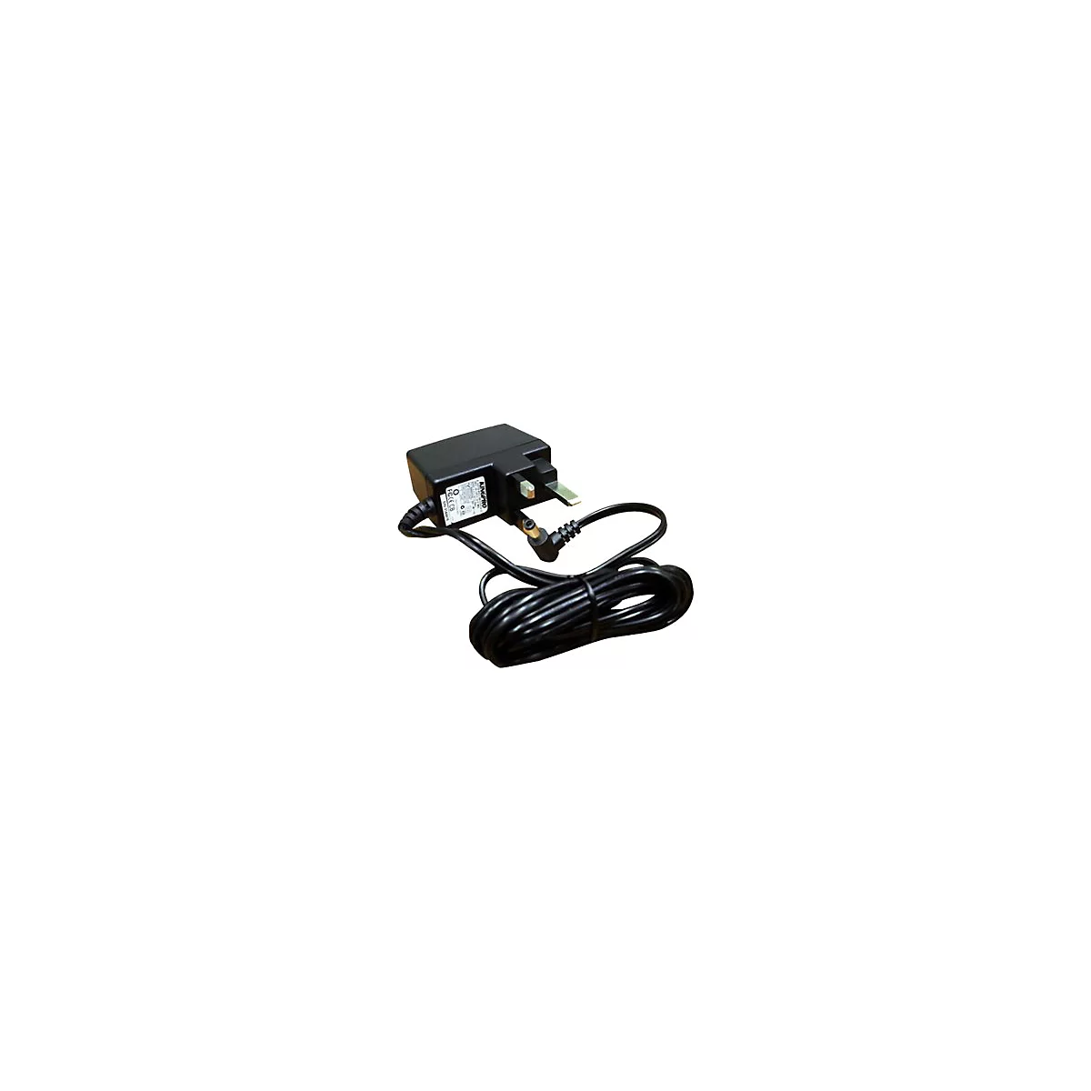 Schwarzes Netzteil mit Eurostecker und Kabel.
