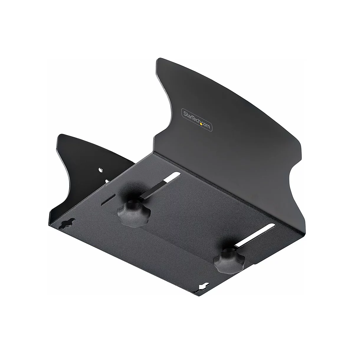 Schwarze Metallhalterung, mit Schrauben, für elektronische Geräte. Startech.com-Logo.