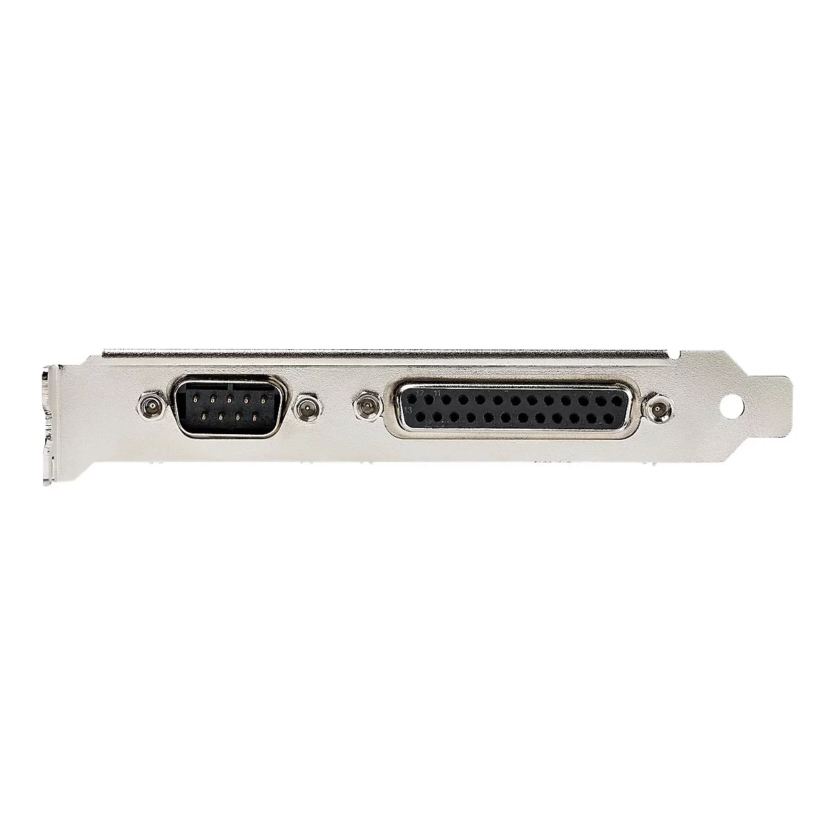 Eine silberne PCI-Karte mit zwei AnschlÃ¼ssen, einem 15-poligen D-Sub-Anschluss und einem 25-poligen Parallelport.