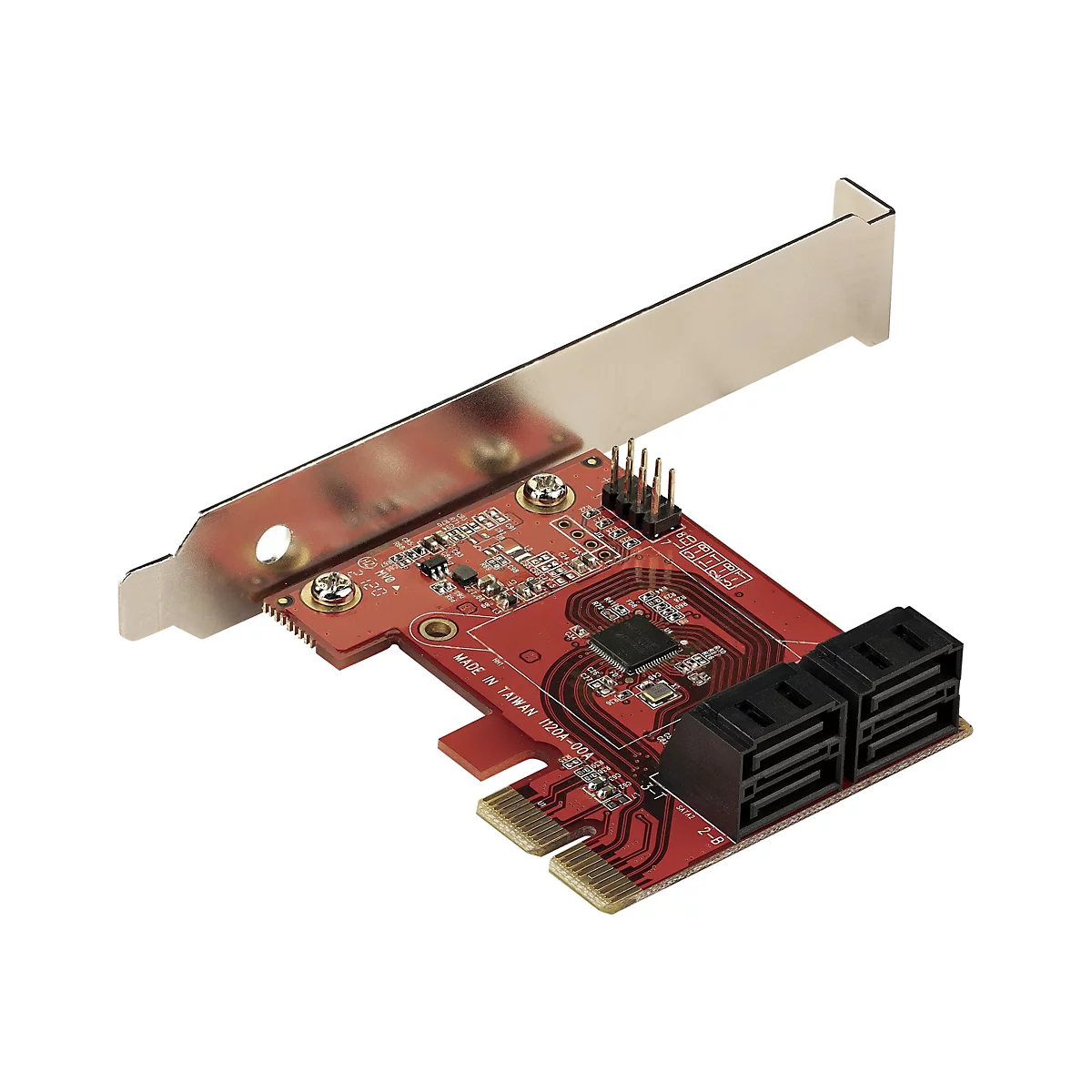 Eine rote PCIe-Erweiterungskarte mit schwarzen Anschlüssen und einem silbernen Metallbügel, der aus dem Gehäuse herausragt. Auf der Karte befindet sich Text, der besagt: "MADE IN TAIWAN 1120A-00A".