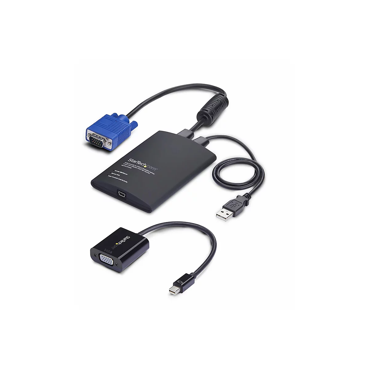Schwarzer VGA-Adapter mit Kabeln, zwei VGA-Steckern, und USB-Stecker. Auf dem Hauptteil steht StarTech.com.