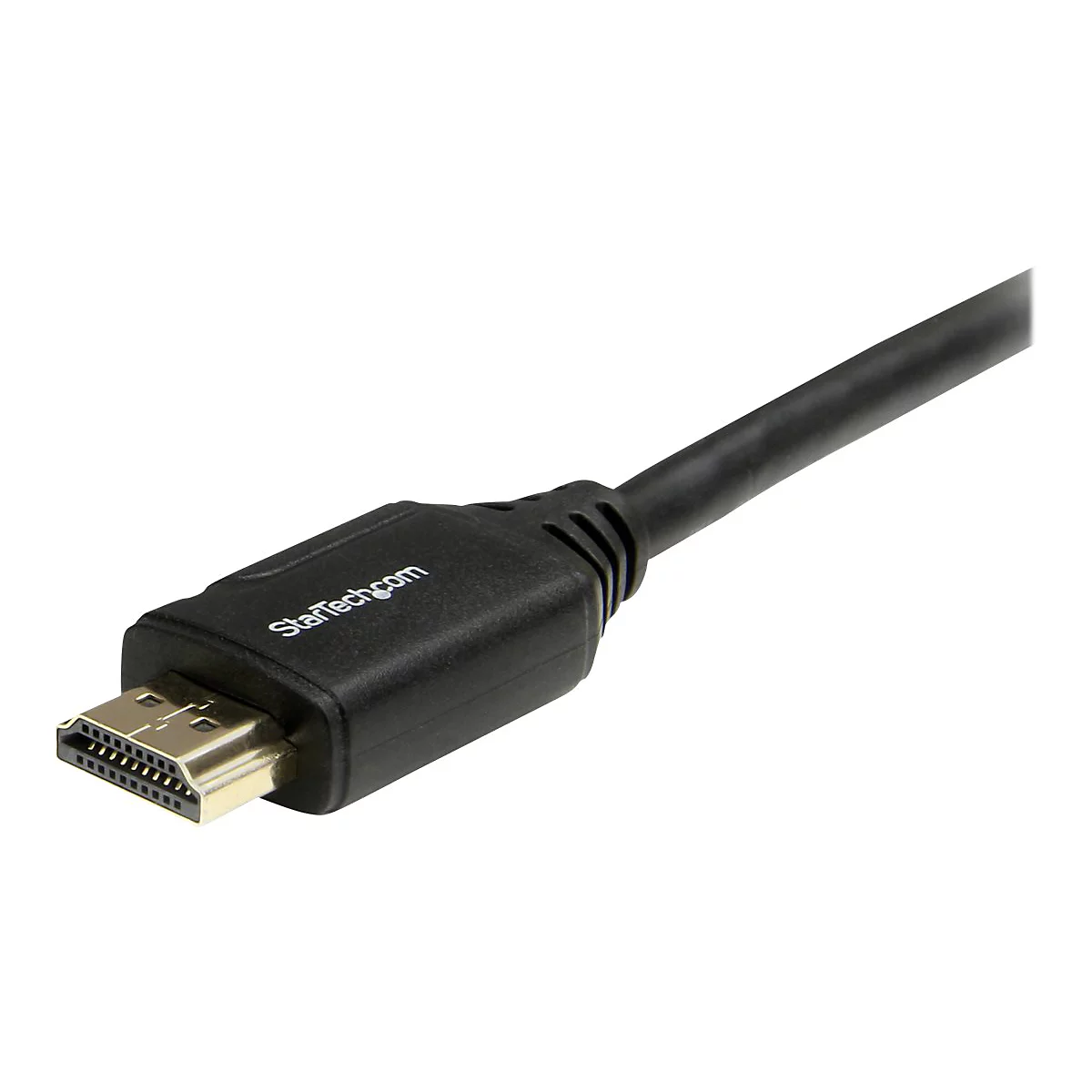 Ein schwarzes HDMI-Kabel mit dem Logo StarTech.com und einem goldfarbenen Stecker.