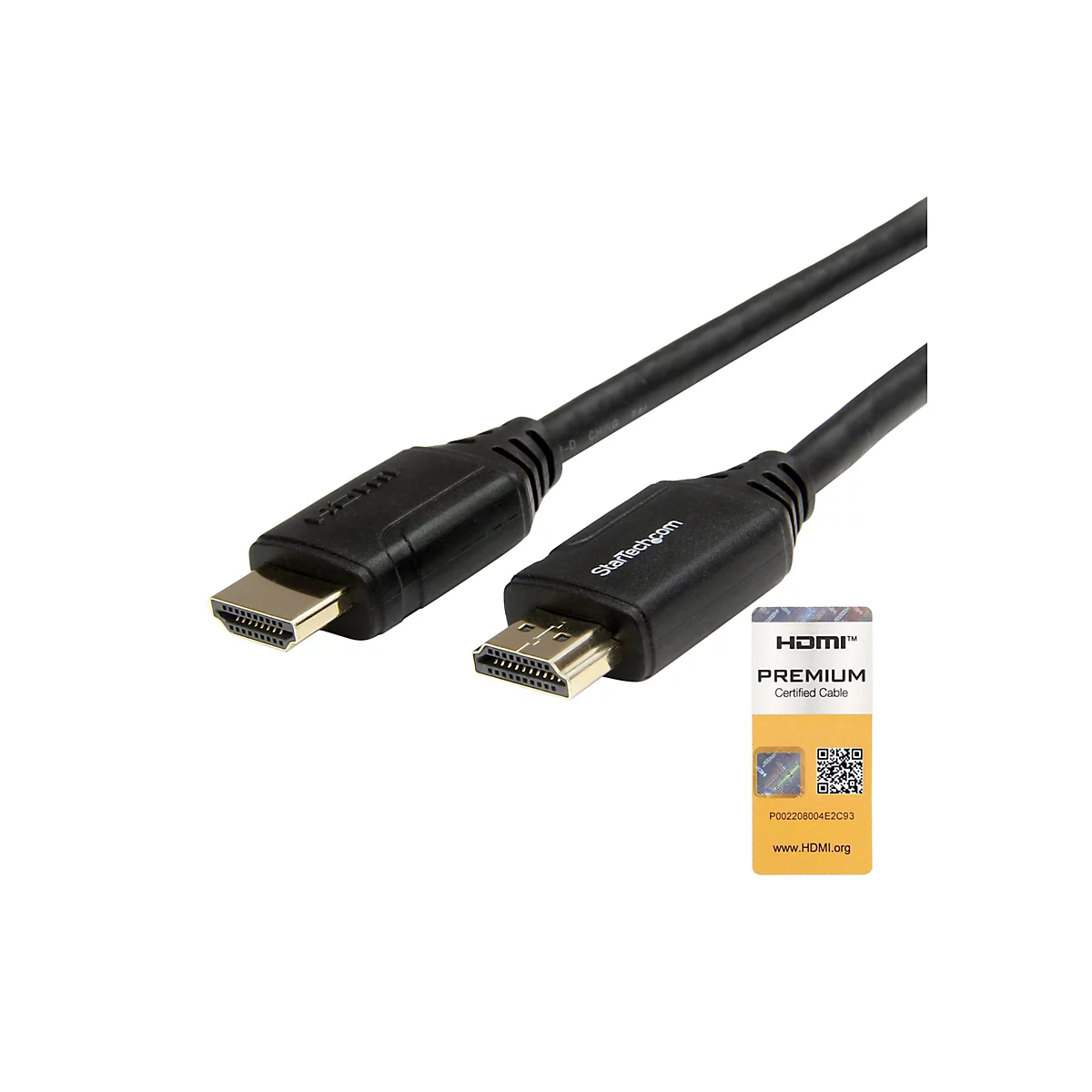 Zwei schwarze HDMI-Kabel, mit Steckern. Darunter ein Aufkleber mit dem HDMI-Logo und dem Schriftzug "PREMIUM Certified Cable".