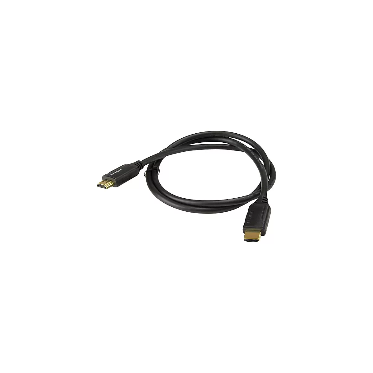 Ein schwarzes HDMI-Kabel liegt gekringelt vor weißem Hintergrund. An den Enden sind Stecker zu sehen.