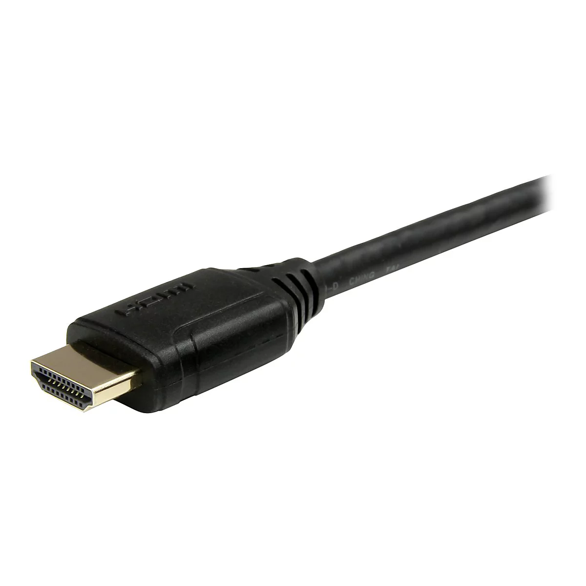 Nahaufnahme eines schwarzen HDMI-Kabels mit goldenem Stecker. Das Kabel ist vor weißem Hintergrund abgebildet.