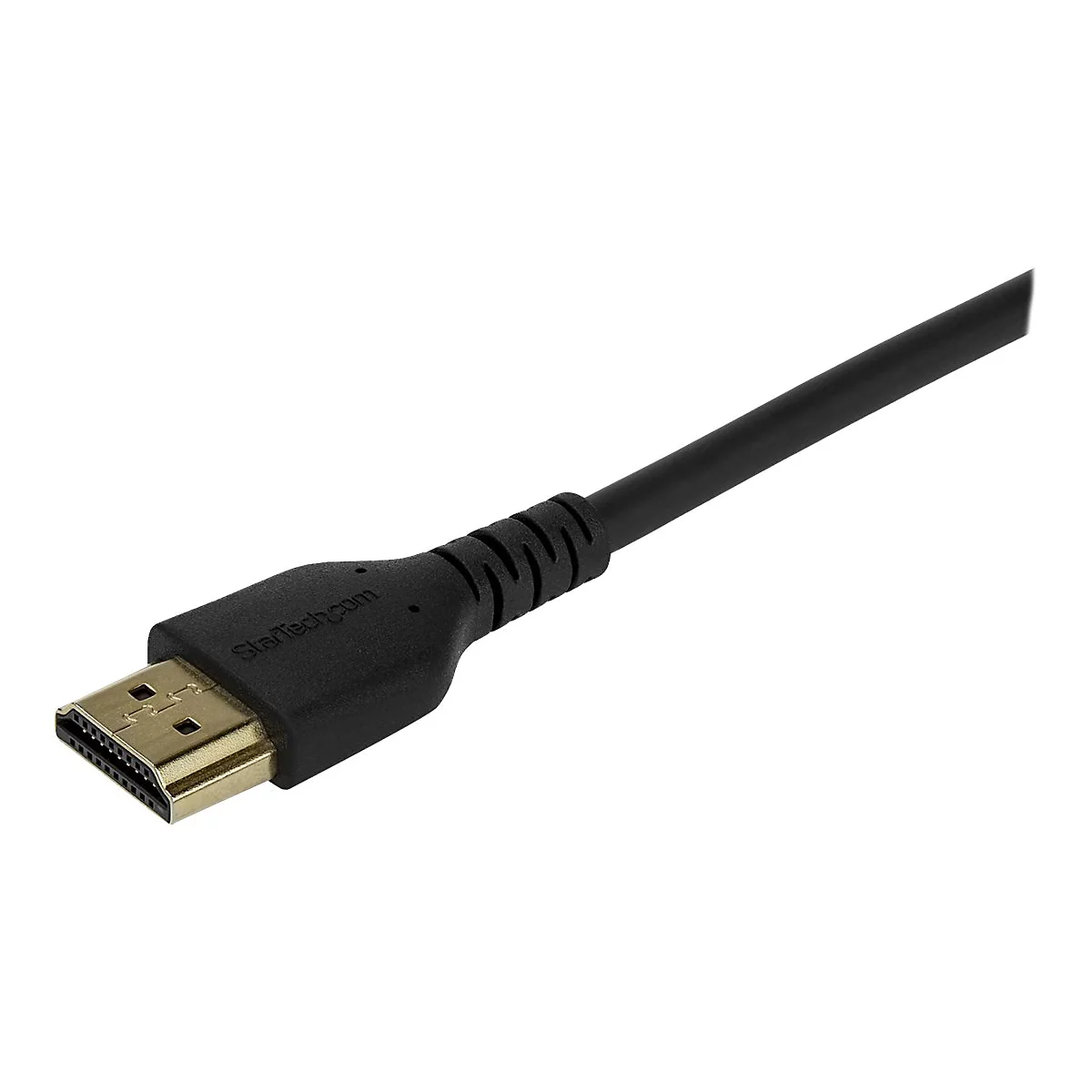 Schwarzes HDMI-Kabel mit vergoldetem Stecker, Startech.com-Logo.