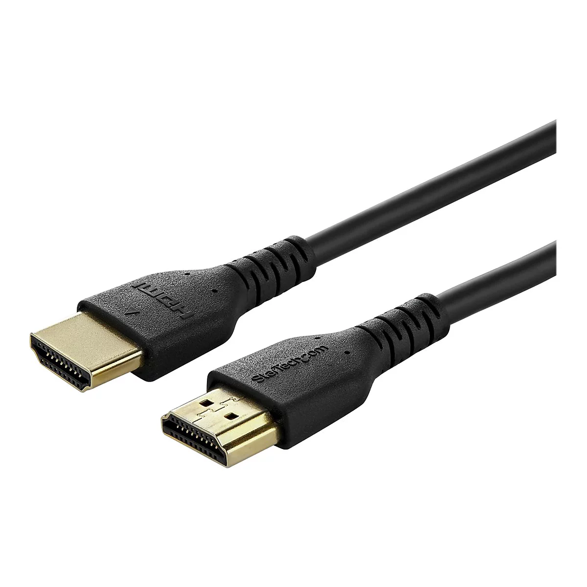 Ein schwarzes HDMI-Kabel mit vergoldeten Anschlüssen. Auf einem Stecker steht "HDMI", auf einem anderen "StarTech.com".