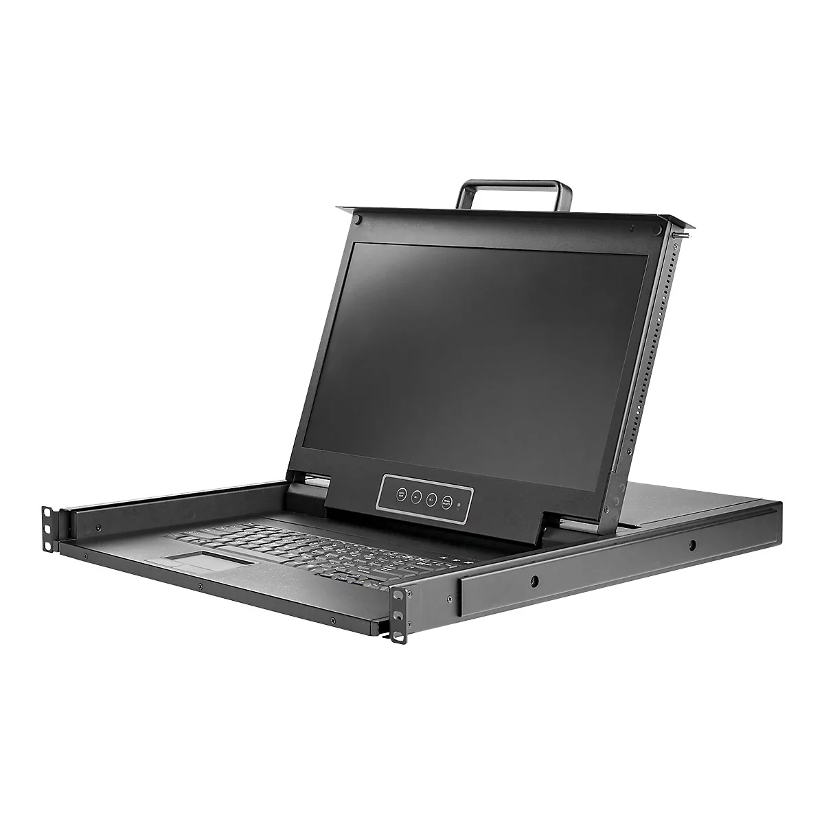 Ein schwarzer 1U Rackmount-Monitor mit Tastatur und Griff.