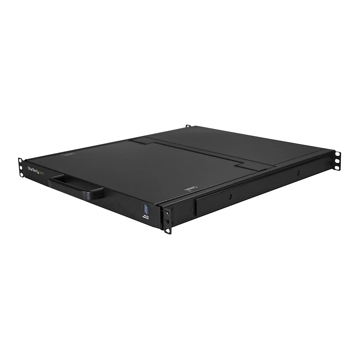 Schwarzes Server-Rack mit StarTech.com Logo und Griff.