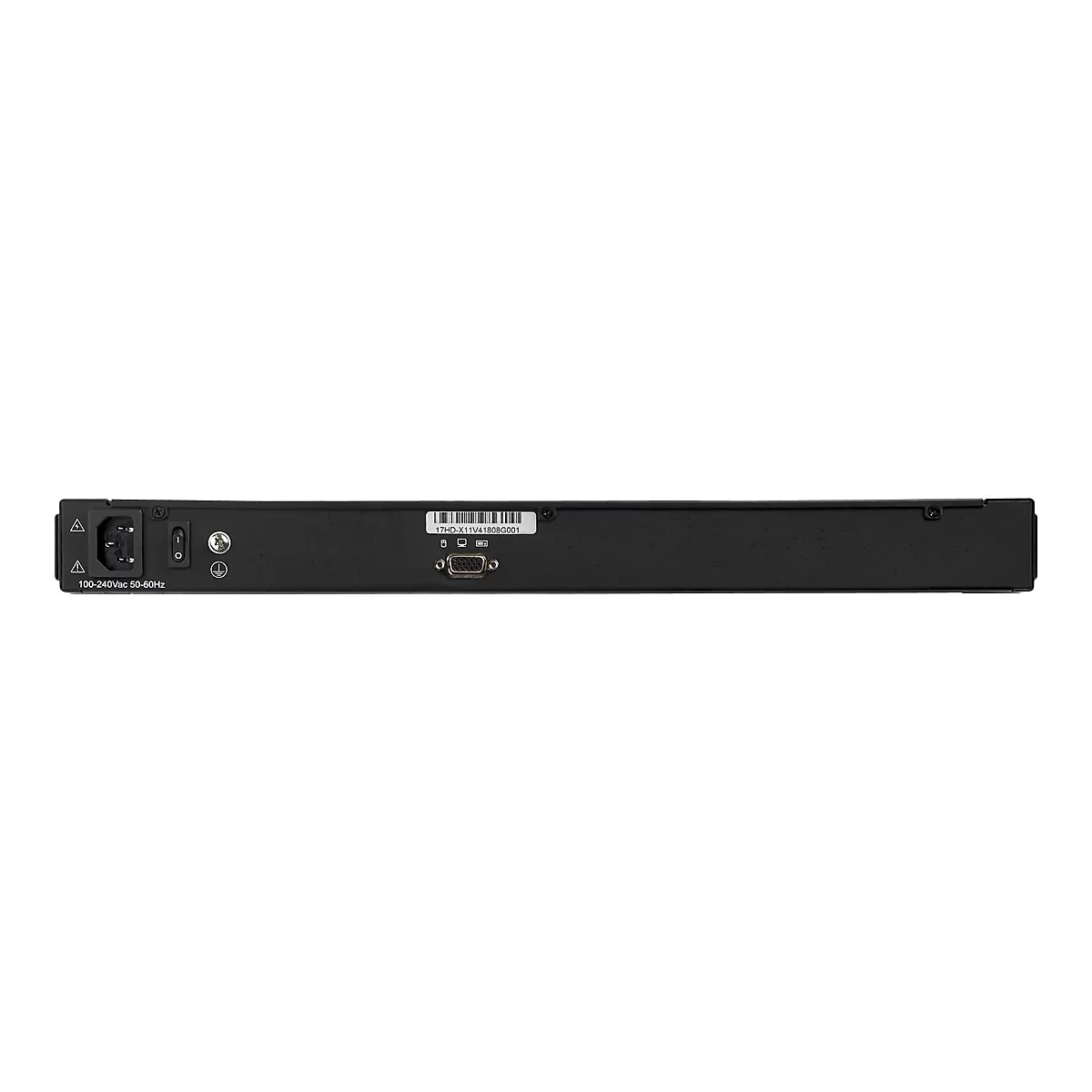 Schwarzes elektronisches Gerät, Rückseite mit Anschlüssen und Steckdosen. Beschriftung: 100-240VAC 50-60Hz.