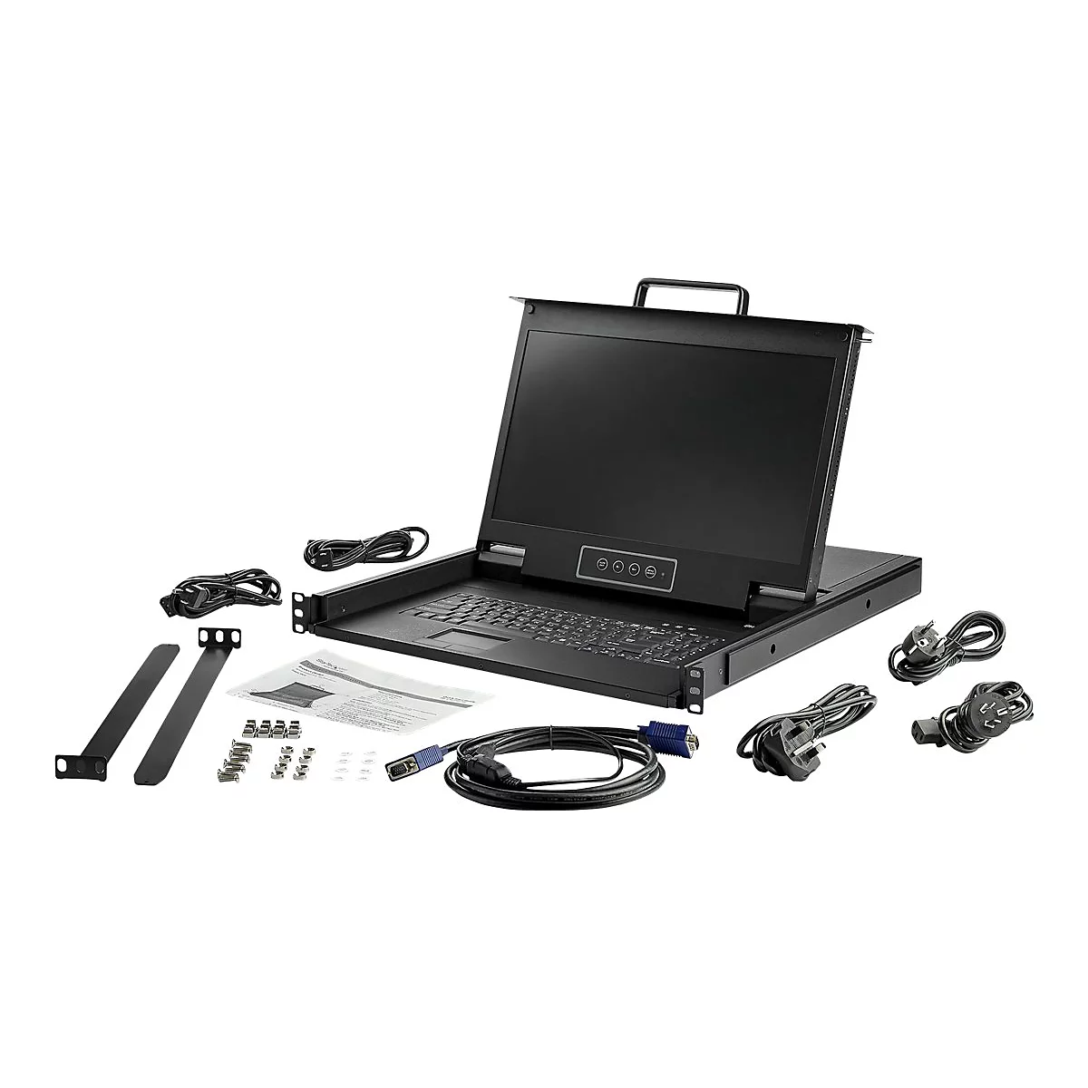 Schwarz eingerahmter LCD-Monitor mit Tastatur und Zubehör, wie Kabel und Halterungen, vor weißem Hintergrund.
