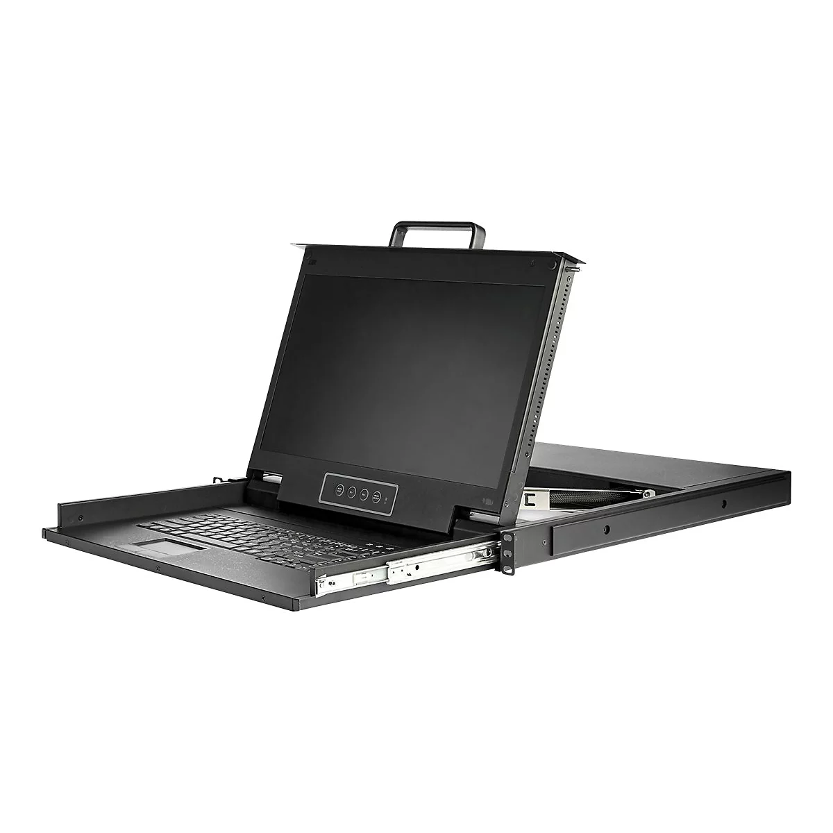 Schwarzer KVM-Switch mit ausziehbarem Bildschirm, Tastatur und Touchpad. Das Gerät ist vor weißem Hintergrund abgebildet.