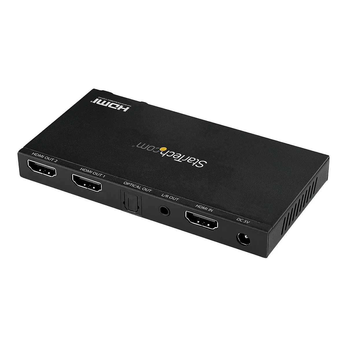 Commutateur HDMI noir avec plusieurs ports, étiquetés HDMI Out 1, 2, Optical Out, L/R Out, HDMI In et DC 5V. Logo StarTech.com.
