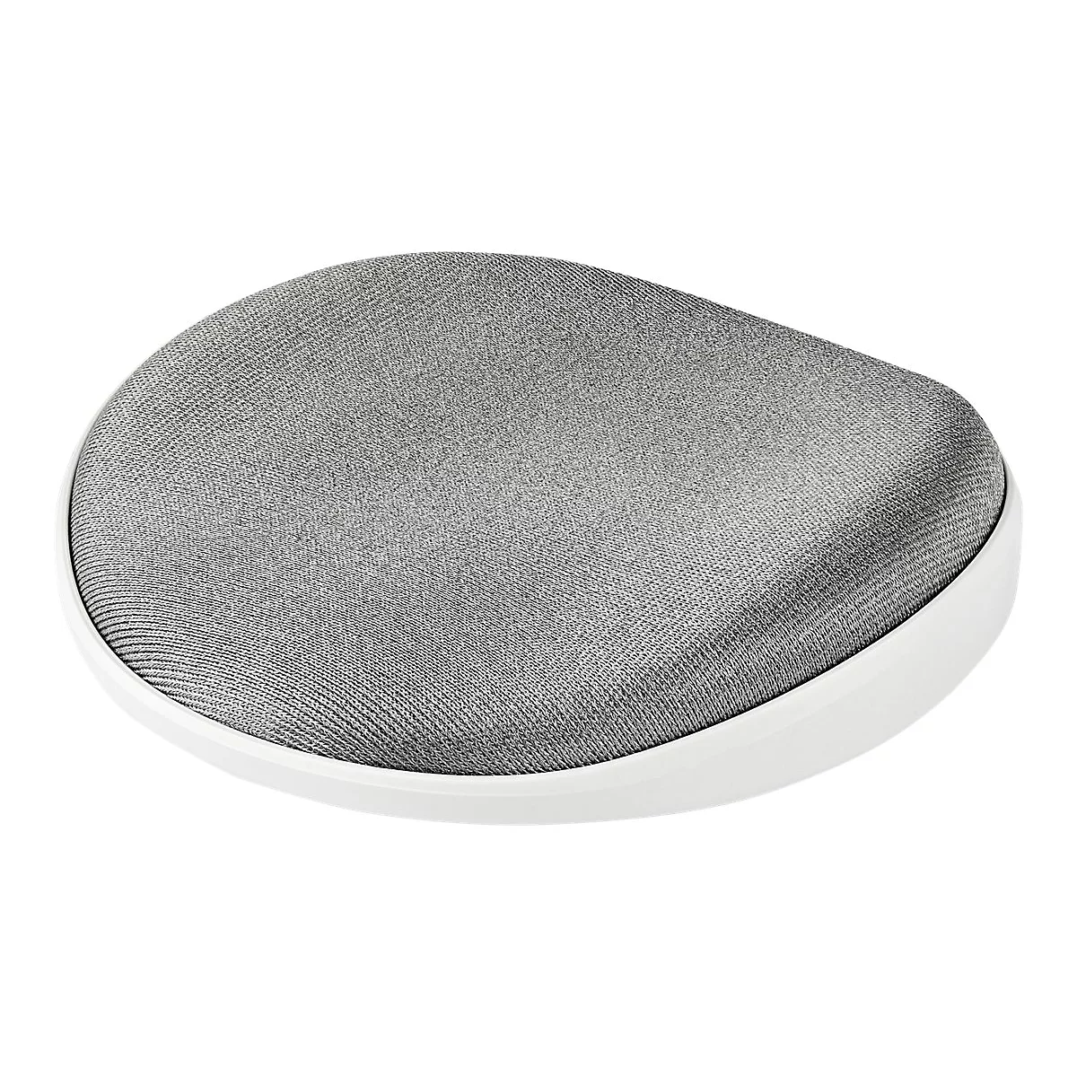 Coussin de siège de forme ovale grise avec bord blanc. La surface est en tissu.