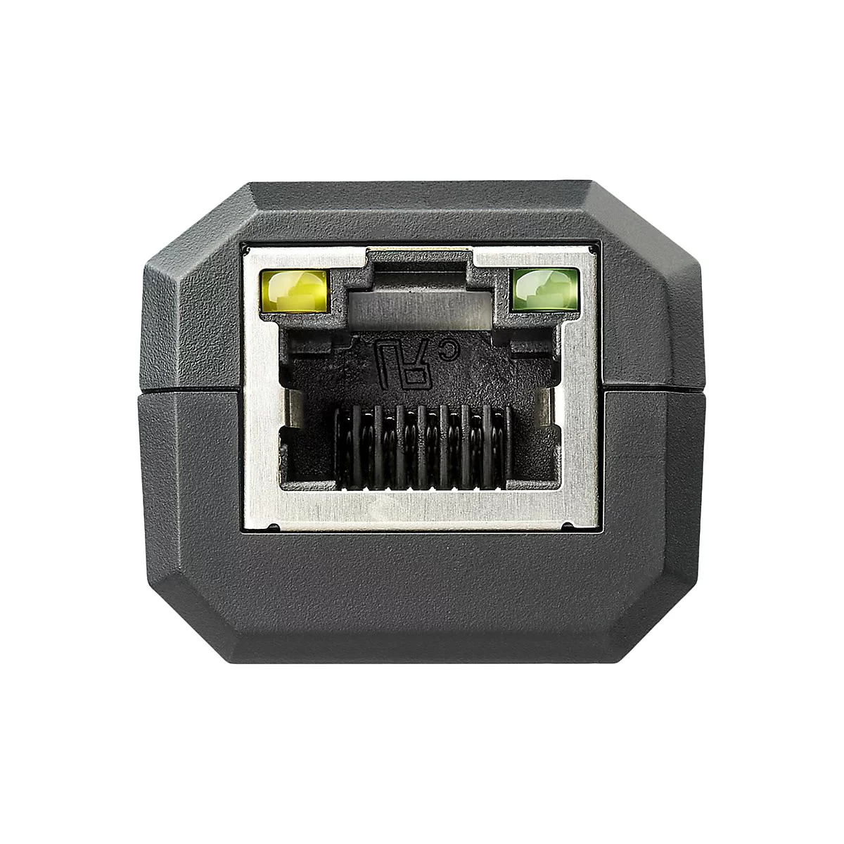 Connecteur RJ45 octogonal gris foncÃ©. Deux LED, jaunes et vertes, sont visibles sur les cÃ´tÃ©s.
