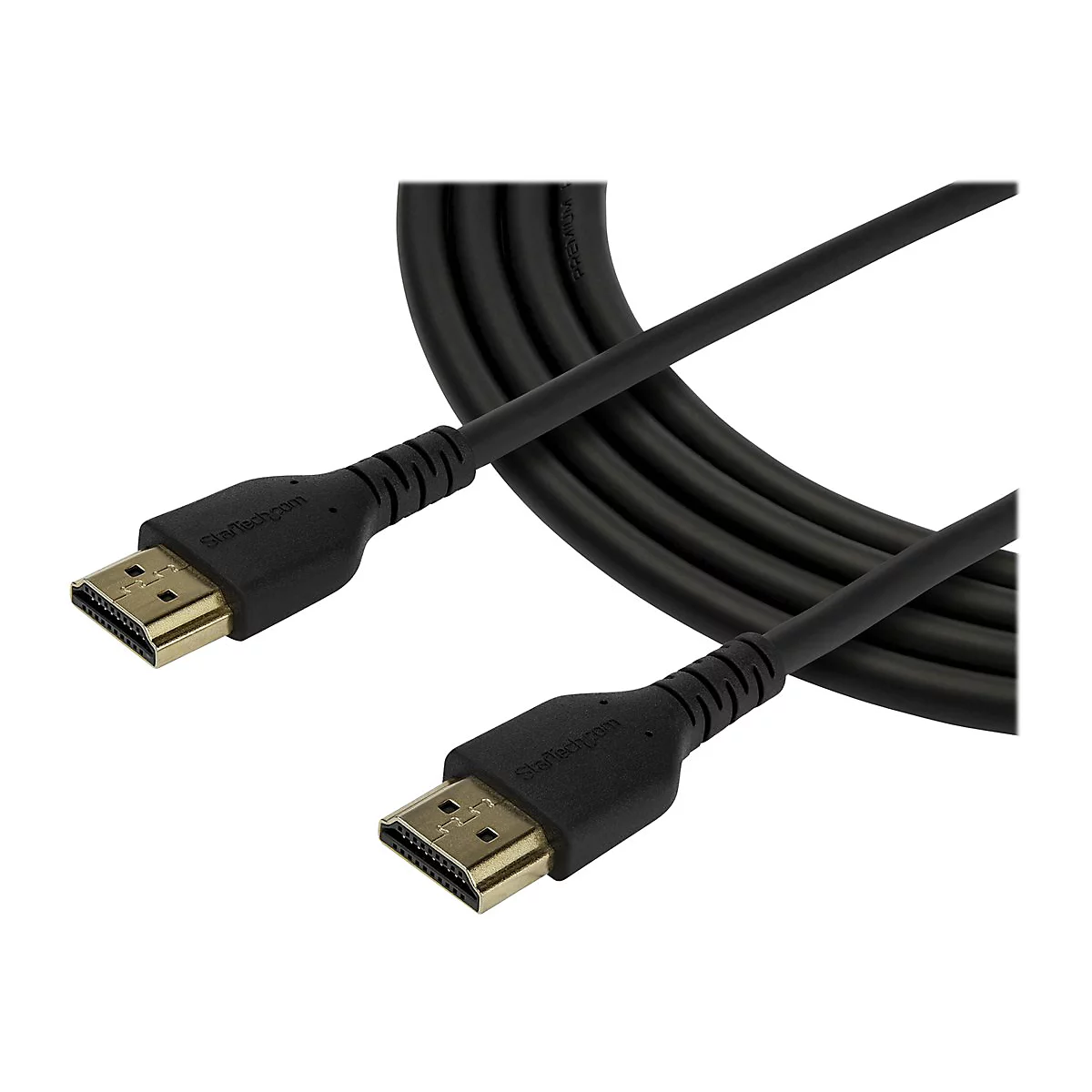 Schwarzes HDMI-Kabel mit goldenen Steckern. Auf einem Stecker steht "StarTech.com".