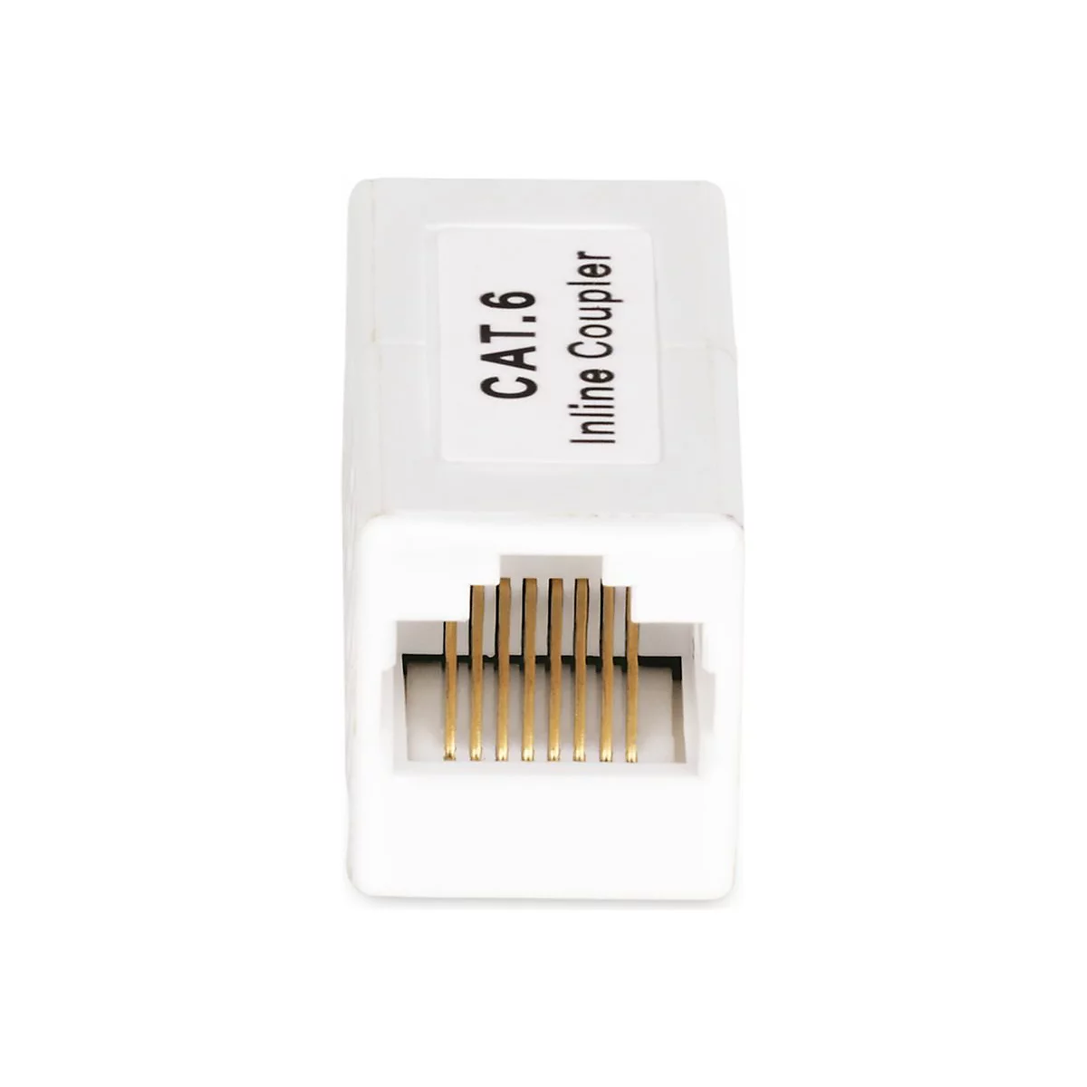 Ein weißer CAT.6 Inline-Koppler, mit goldfarbenen Kontakten.