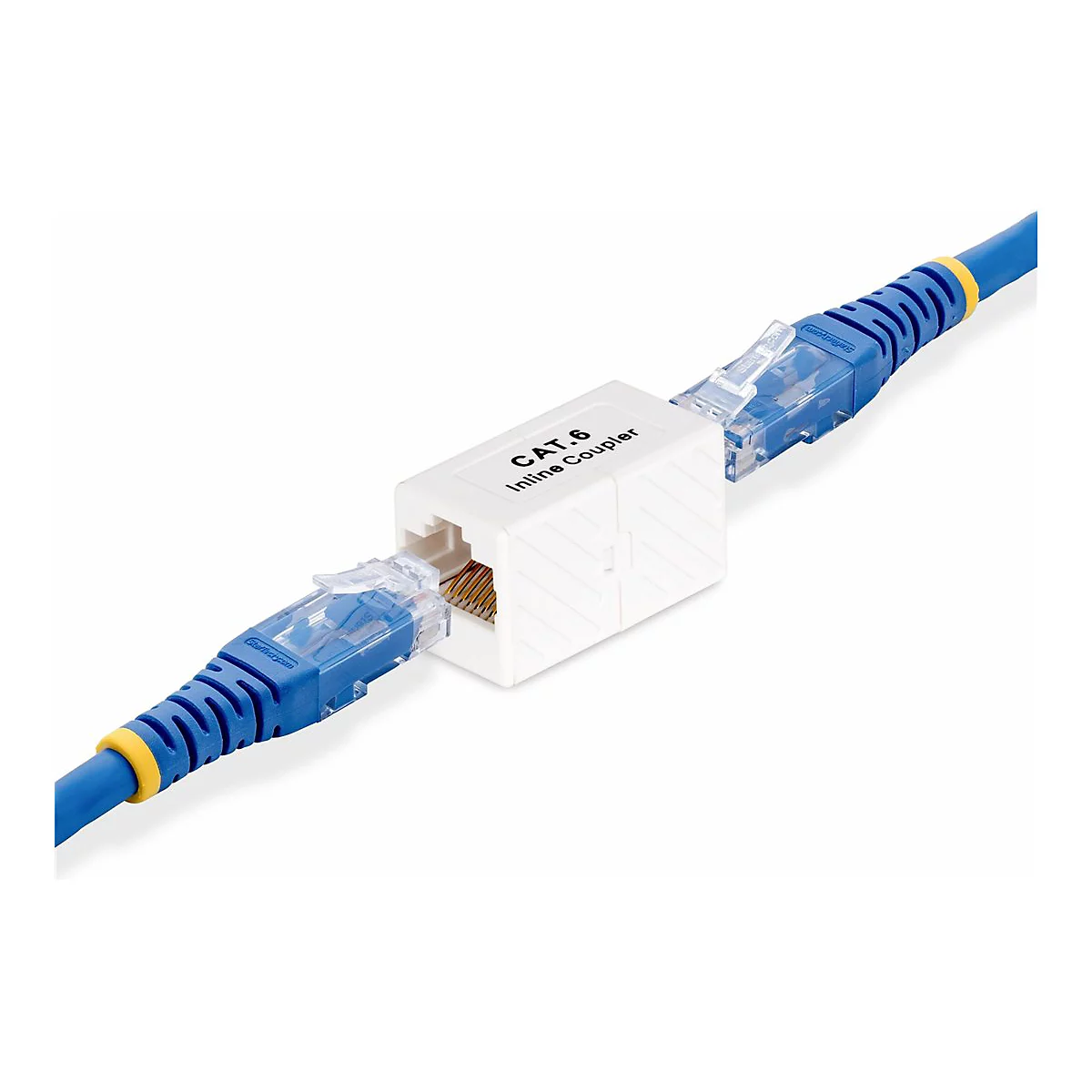 Ein weißer CAT.6 Inline-Koppler verbindet zwei blaue Netzwerkkabel. Auf dem Koppler steht "CAT.6 Inline Coupler".