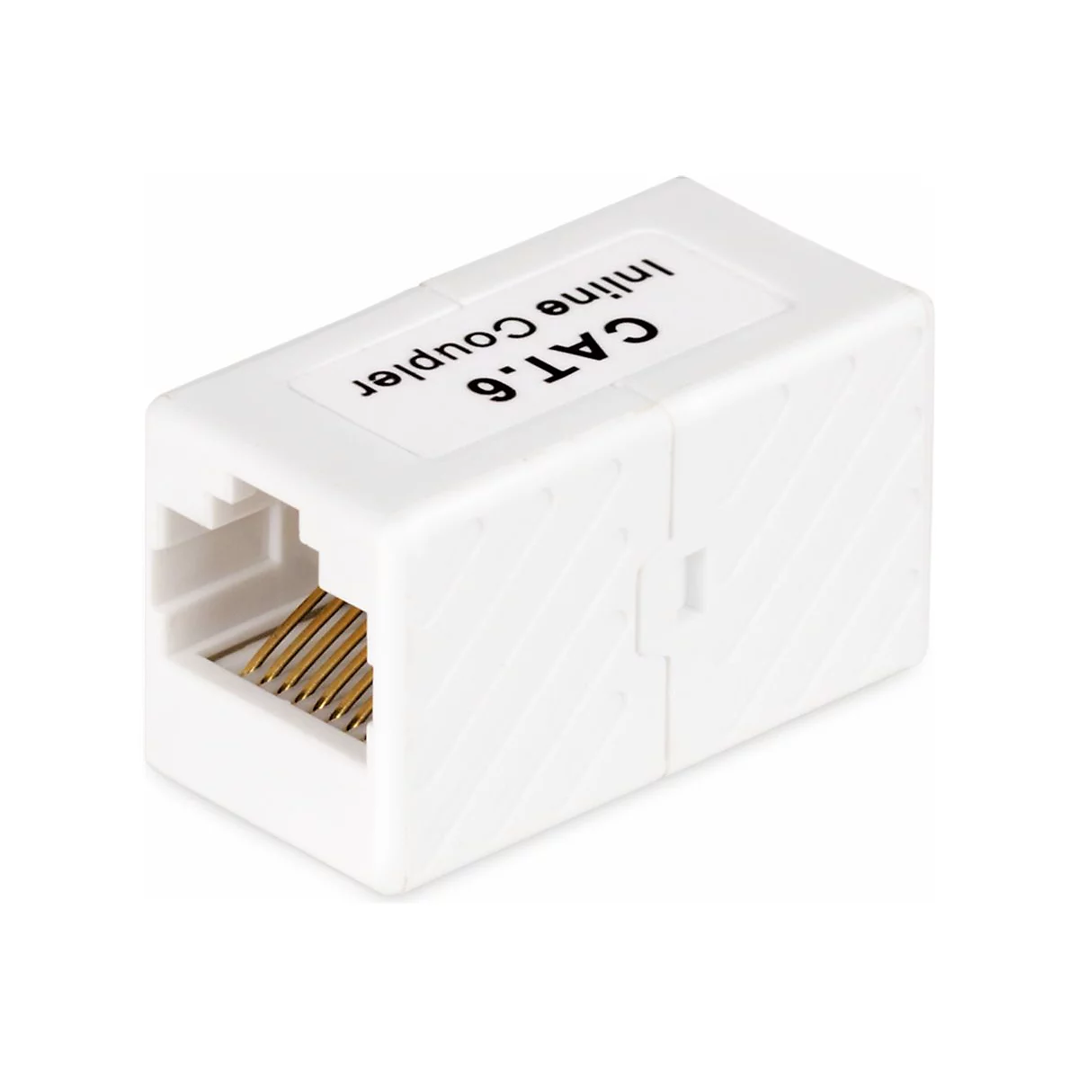 Weißer Netzwerk-Kuppler mit Text: CAT.6 Inline Coupler. Goldene Kontakte sind sichtbar.