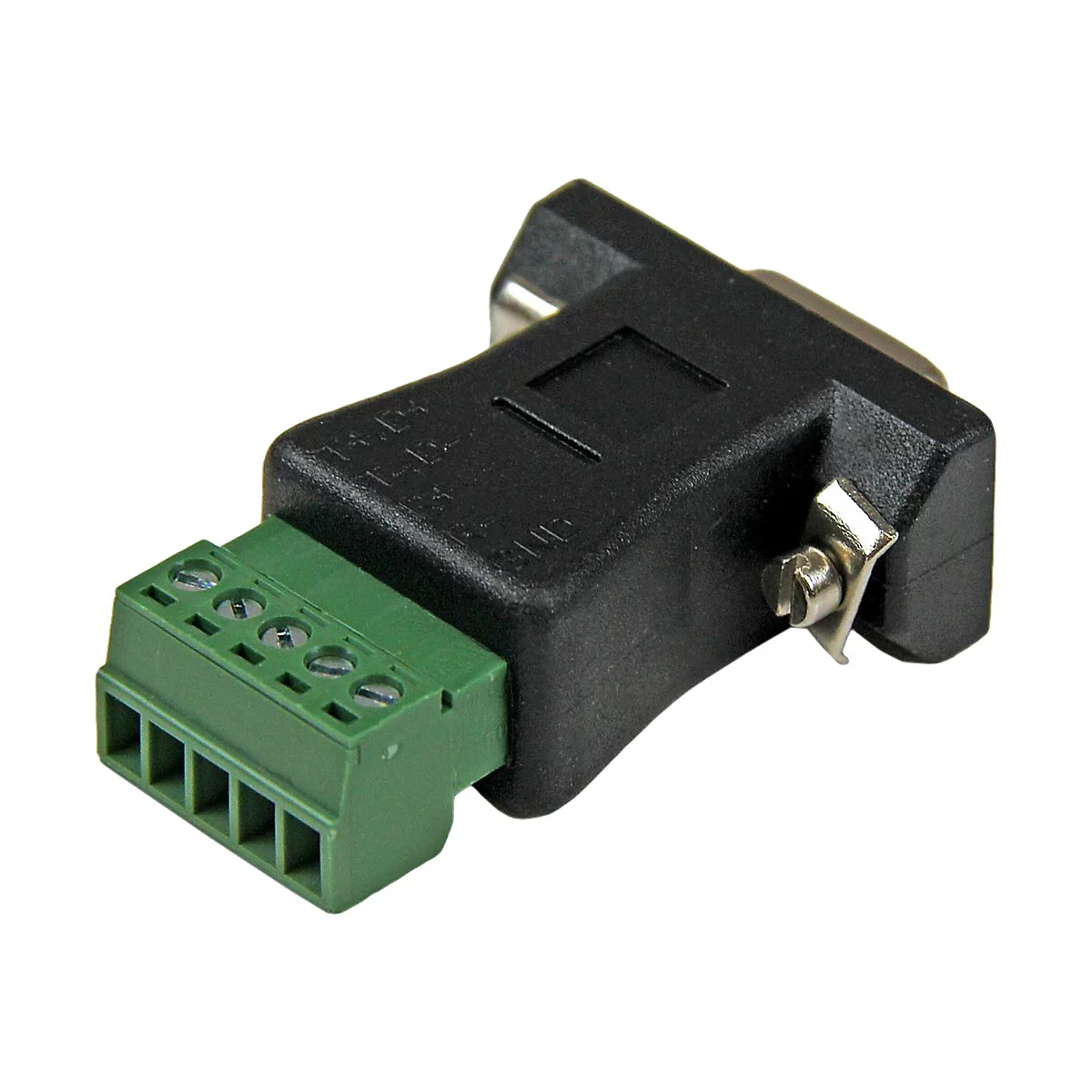 Ein schwarzer D-Sub-Stecker mit einem grünen Klemmenblock. Schrauben halten den Stecker am Gehäuse.