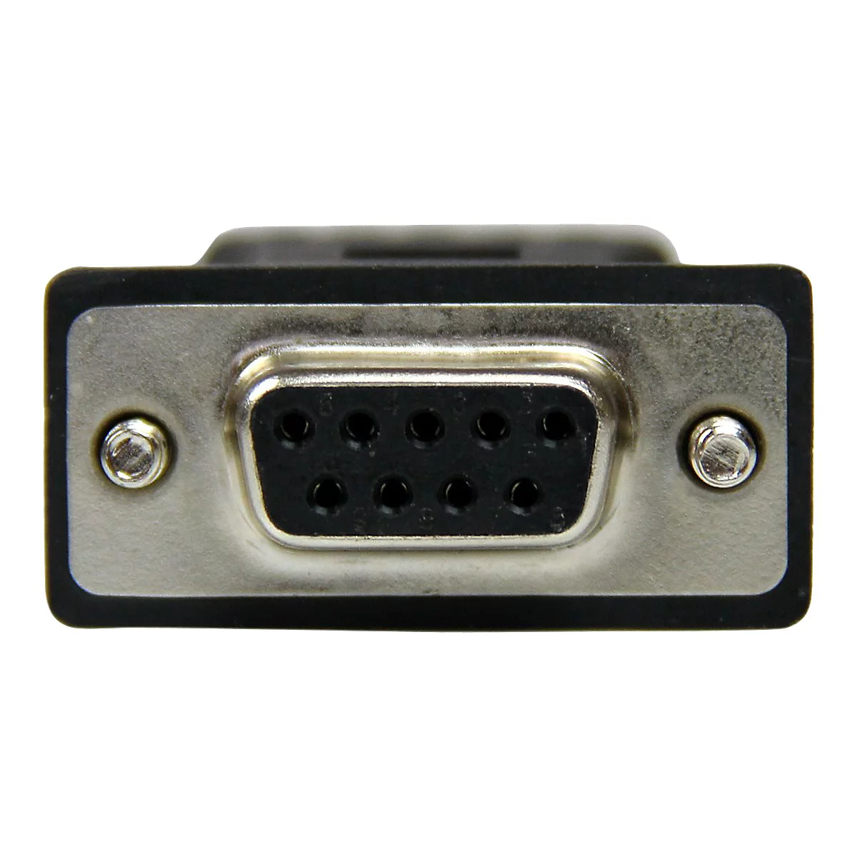 Nahaufnahme eines seriellen 9-Pin-D-Sub-Steckers mit Löchern und Schrauben.