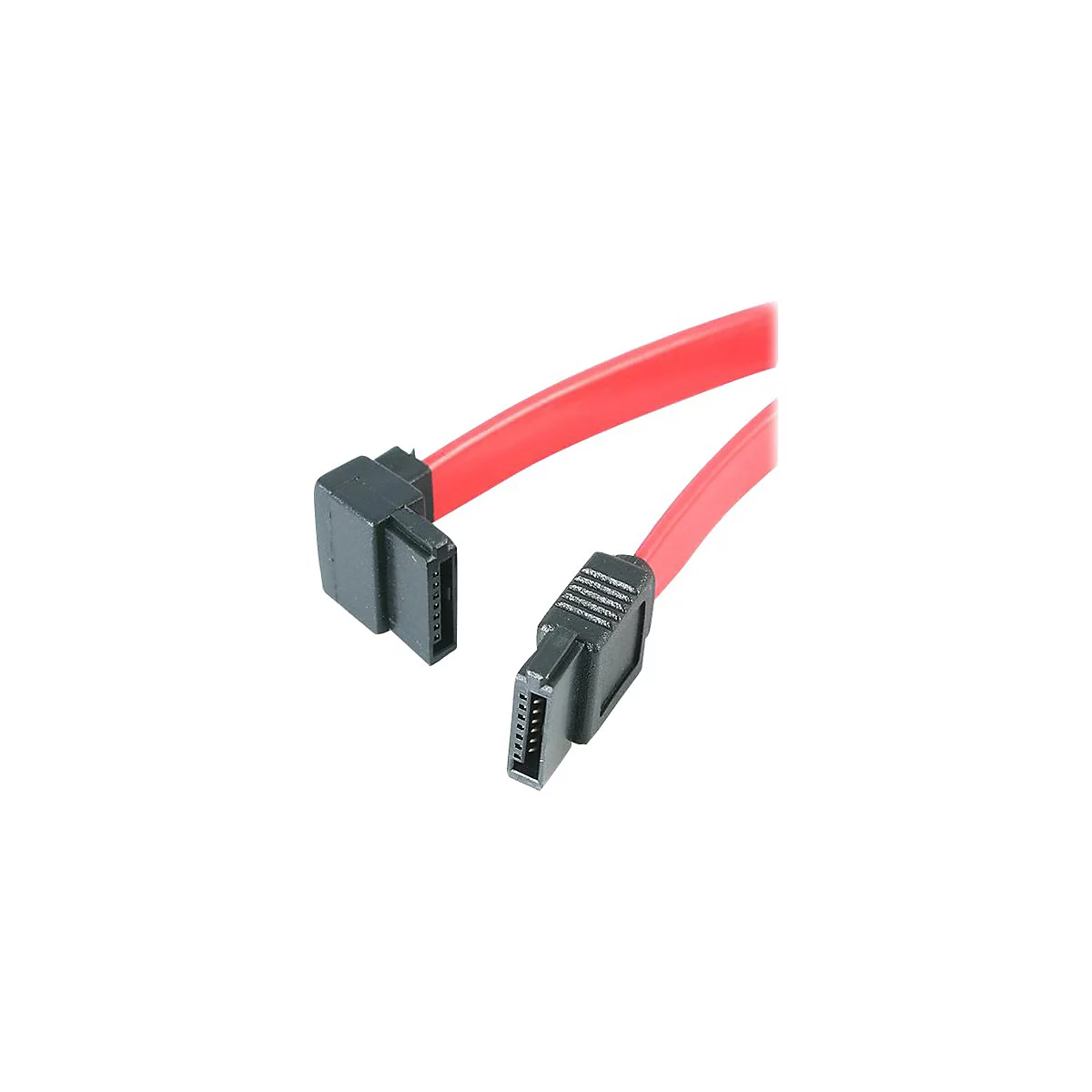 Rotes SATA-Kabel mit schwarzen Steckern auf weißem Hintergrund.