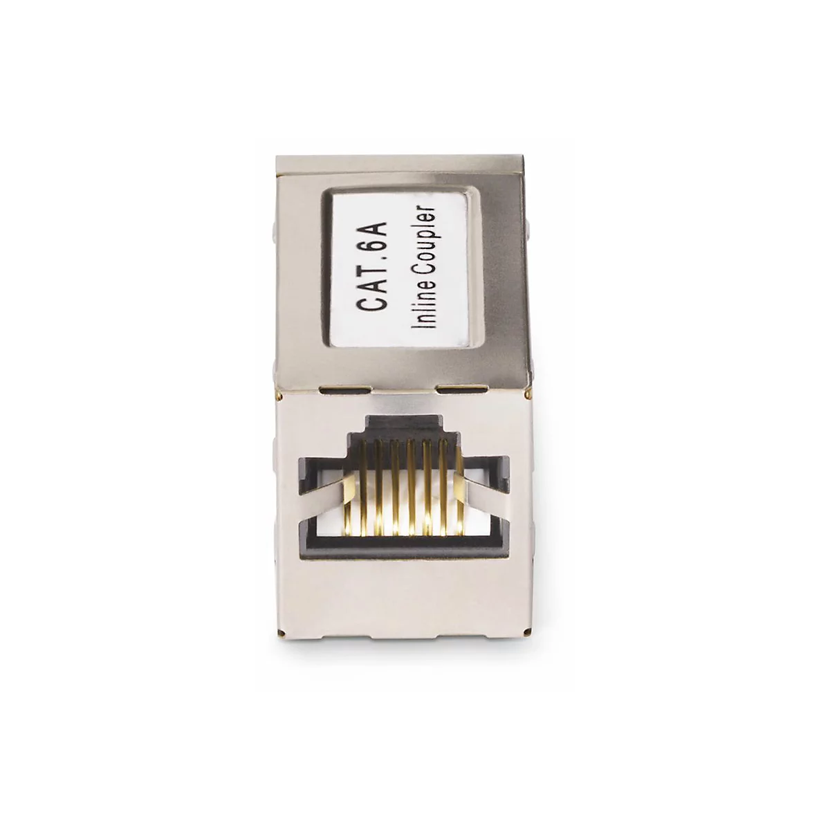 Ein grauer CAT.6A Inline-Koppler, isoliert auf weißem Hintergrund. Der Koppler hat einen RJ45-Anschluss, beschriftet mit 'CAT.6A Inline Coupler'.