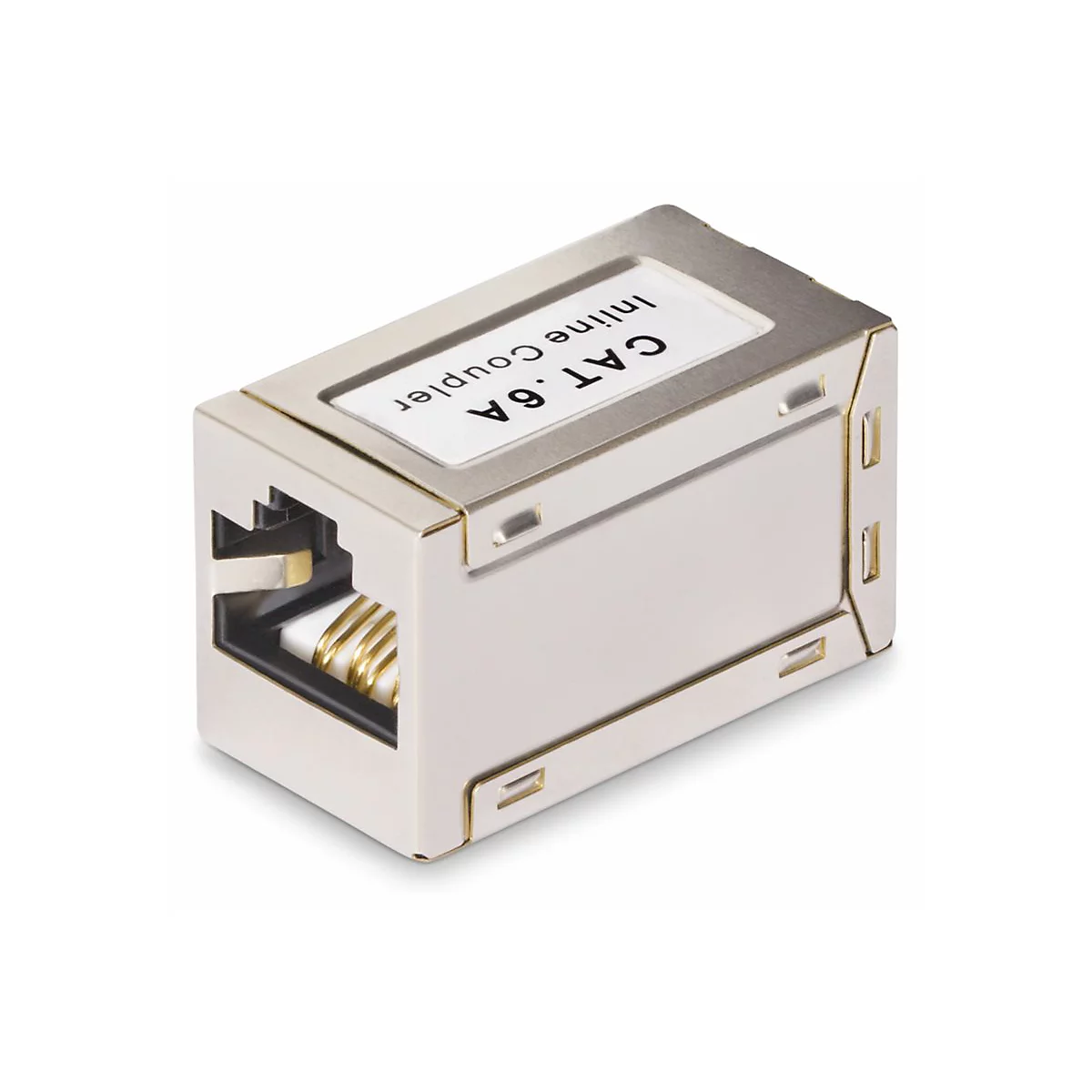 Ein silberfarbener CAT 6A Inline-Koppler. Auf einem weißen Aufkleber steht die Produktbezeichnung.