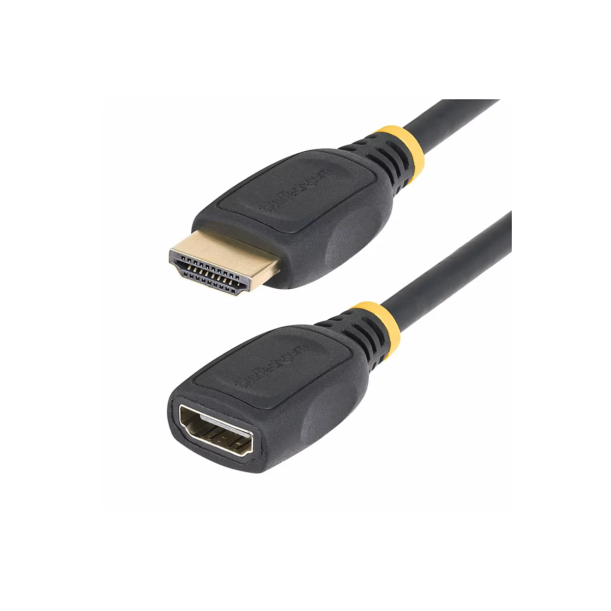 Zwei schwarze HDMI-Kabel mit gelben Akzenten, die von einer weißen Oberfläche abstehen. Beide Enden sind sichtbar.