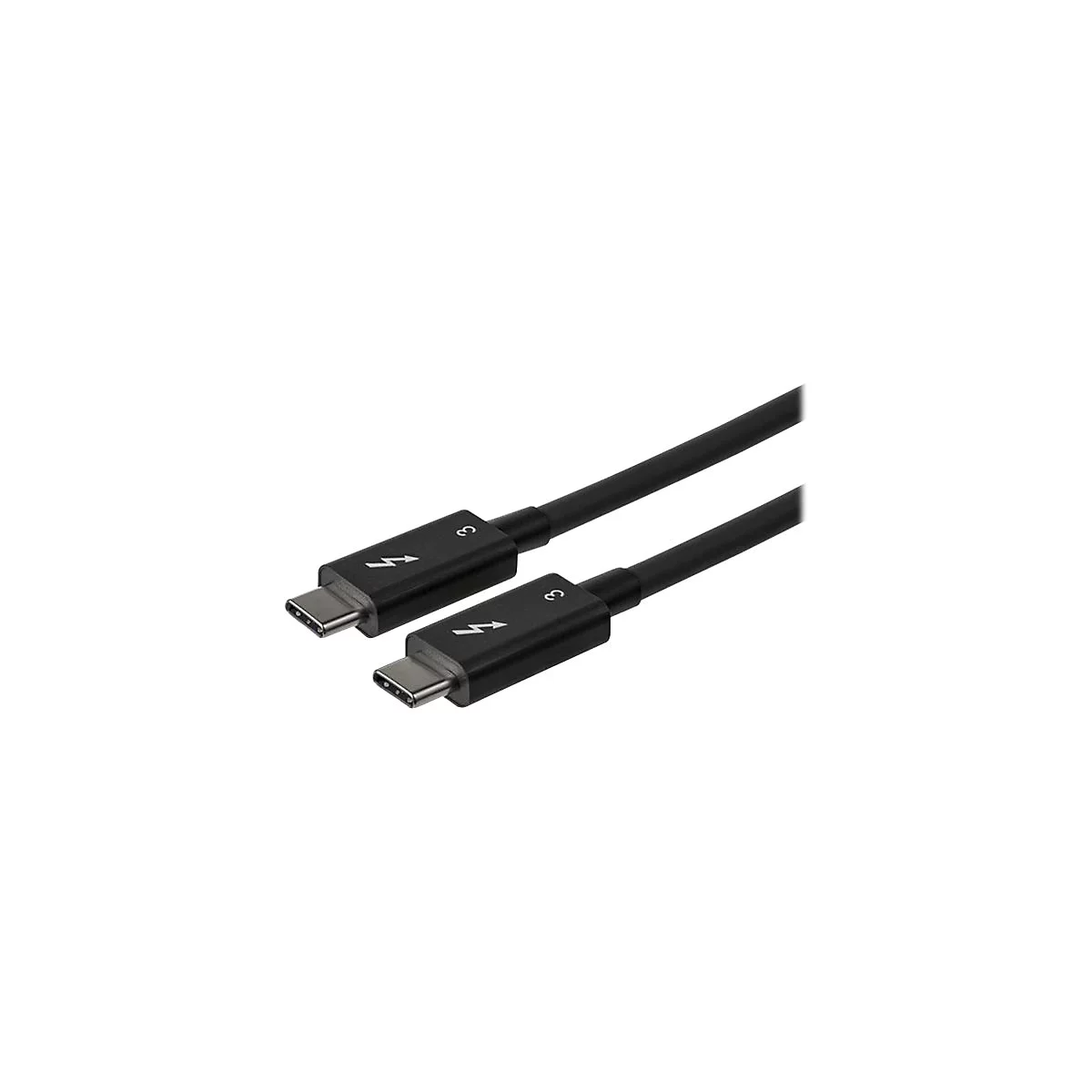 Schwarzes Thunderbolt 3 Kabel mit USB-C Anschlüssen. Auf den Anschlüssen befinden sich Symbole für Thunderbolt und die Zahl 3.