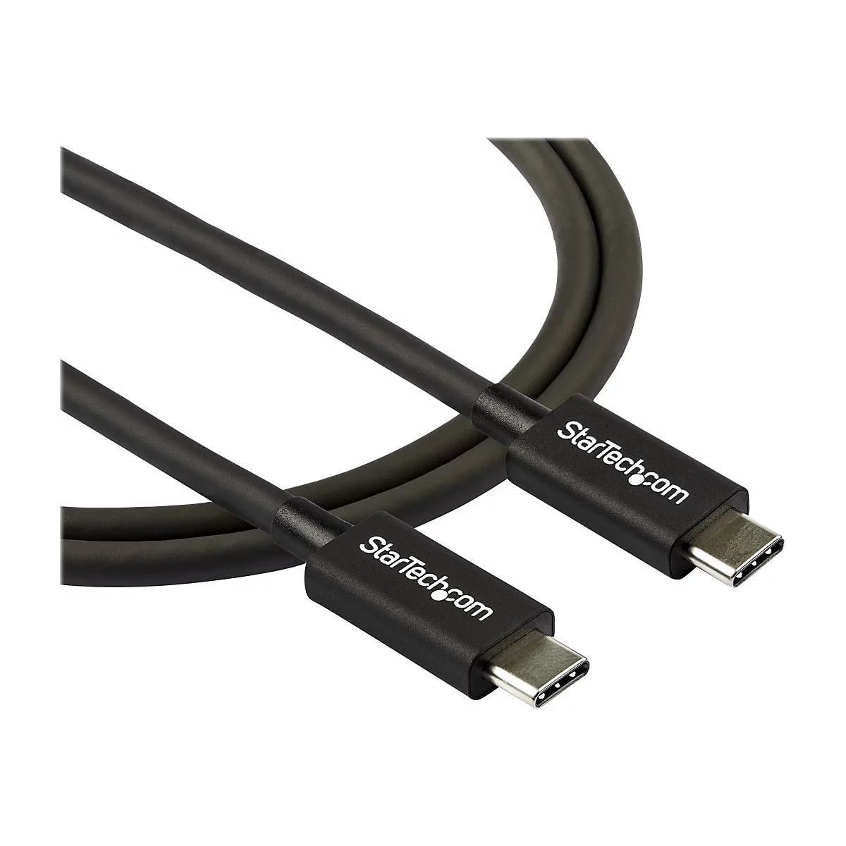 Ein schwarzes USB-C-Kabel von StarTech.com, das sich in sich selbst windet, mit Anschlüssen an beiden Enden.