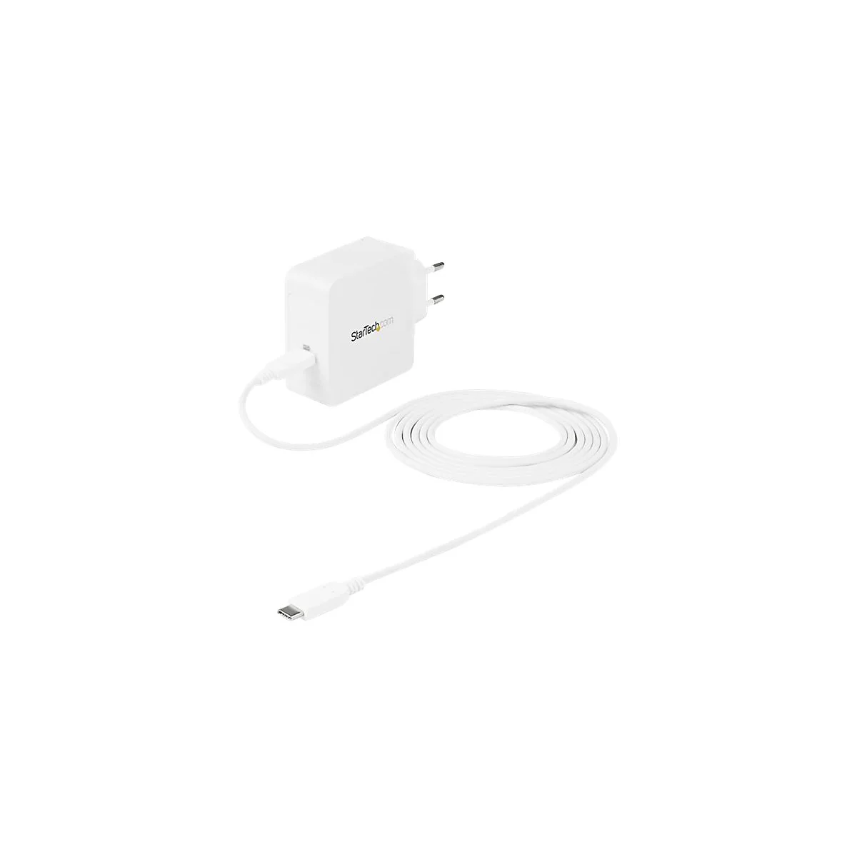 Ein weißes Netzteil mit angeschlossenem Kabel, StarTech.com Logo.