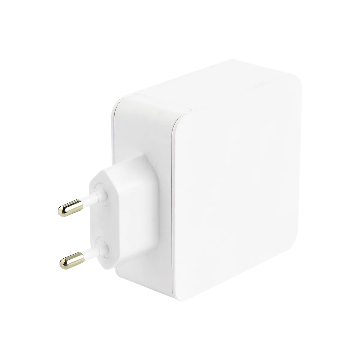 Weißes Ladegerät mit europäischem Stecker, auf weißem Hintergrund.