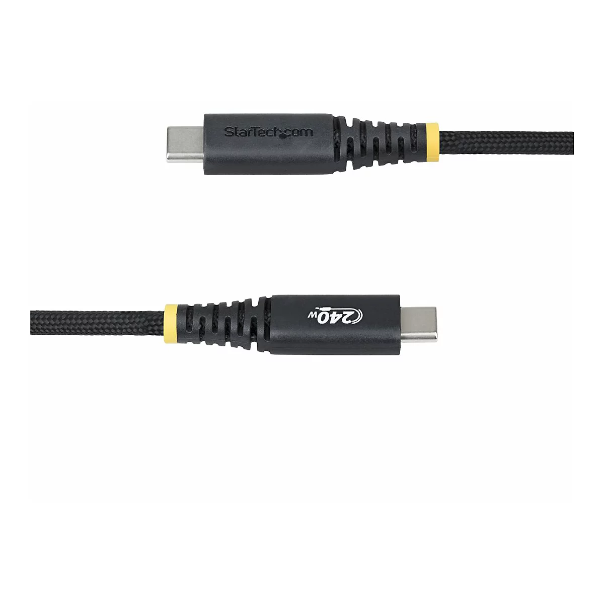 Zwei schwarze USB-C-Kabel, mit gelben Akzenten, vor weißem Hintergrund. Eines zeigt das StarTech.com Logo, das andere '240W'.