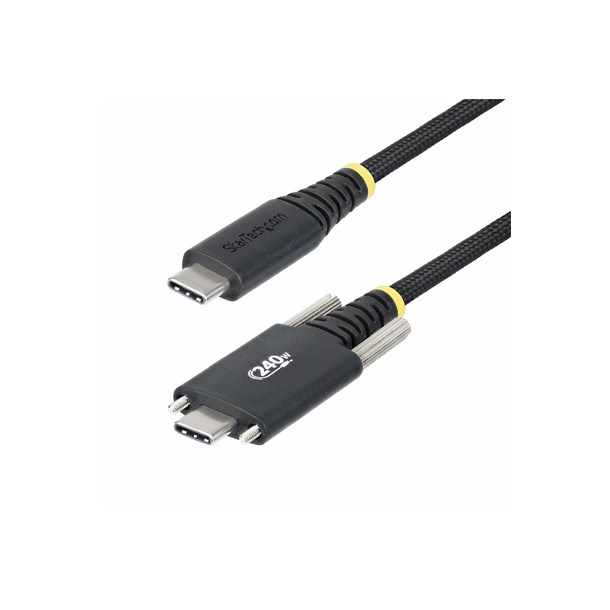 Schwarzes USB-C-Kabel mit gelben Akzenten und Branding von StarTech.com. Auf dem Stecker steht "240W".