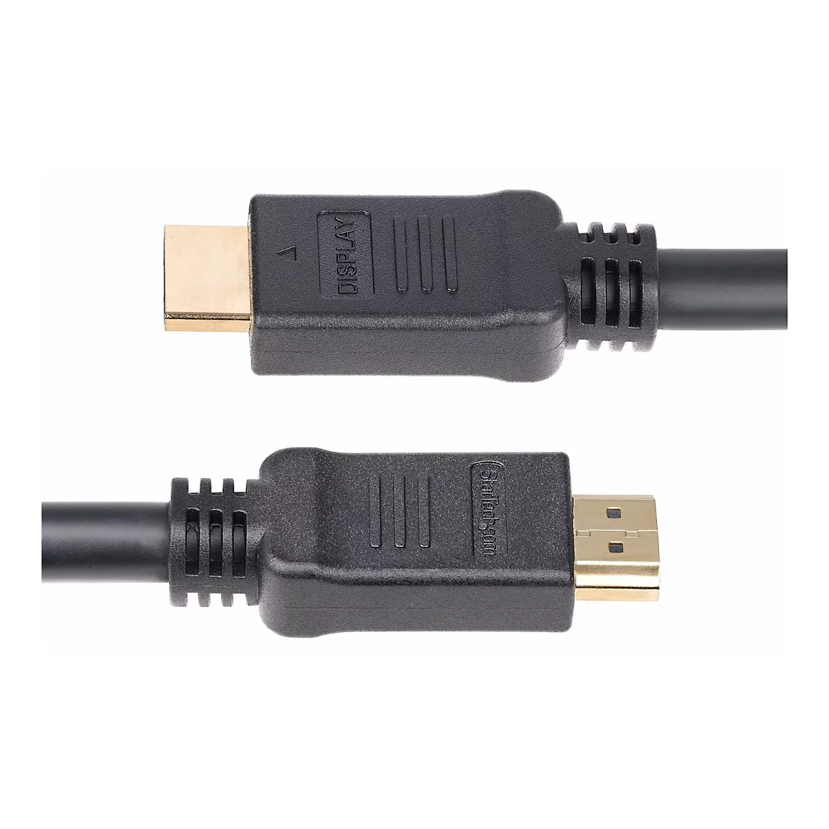 Zwei schwarze HDMI-Stecker mit goldenen Anschlüssen und der Aufschrift Display sowie StarTech.com.