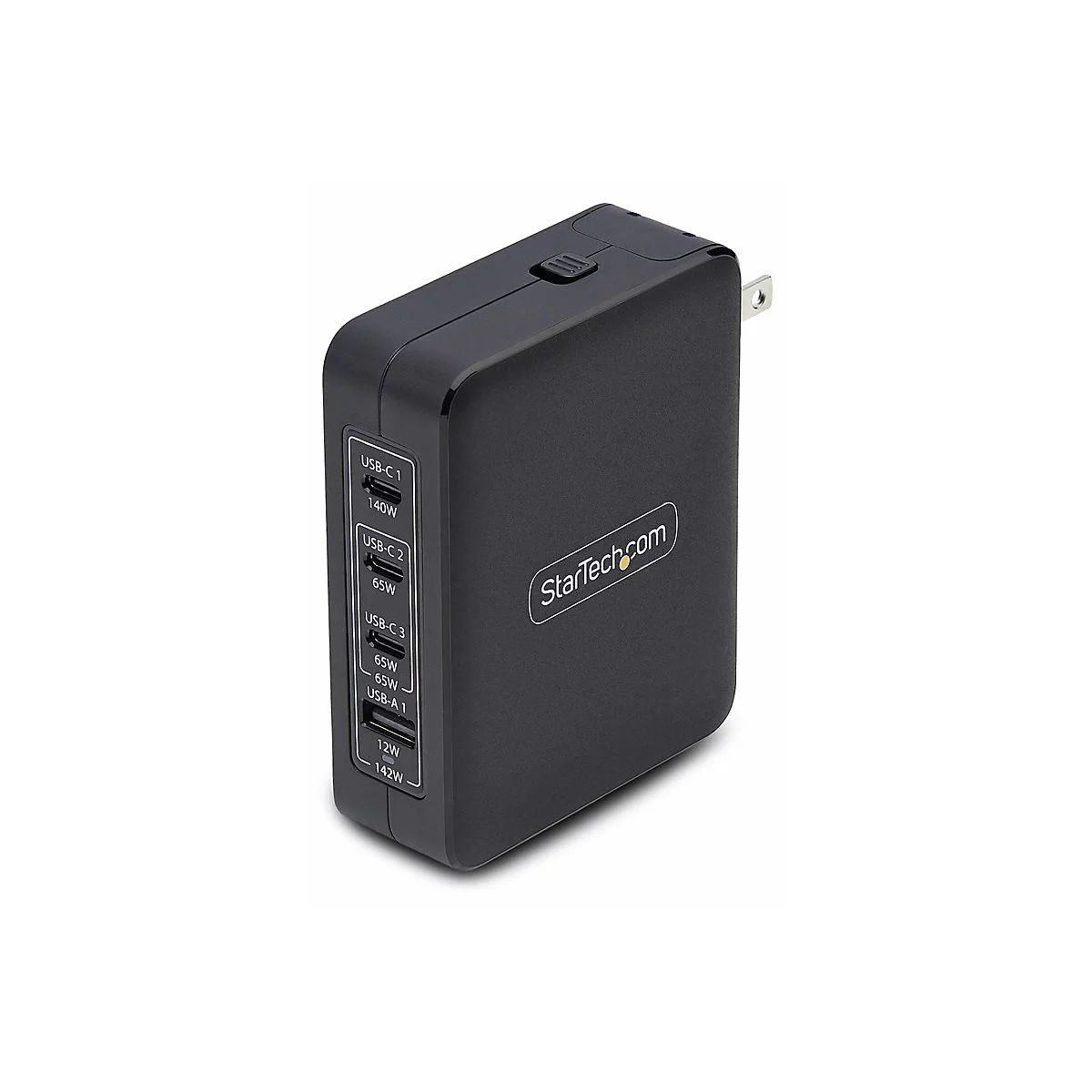 Schwarzes Ladegerät mit USB-Anschlüssen. Aufschrift: USB-C 1, 140W, USB-C 2, 65W, USB-C 3, 65W, USB-A 1, 12W. StarTech.com Logo.