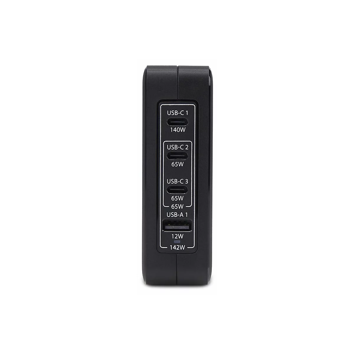 Schwarzes Netzteil mit drei USB-C-Anschlüssen und einem USB-A-Anschluss, beschriftet mit Watt-Leistungsdaten.