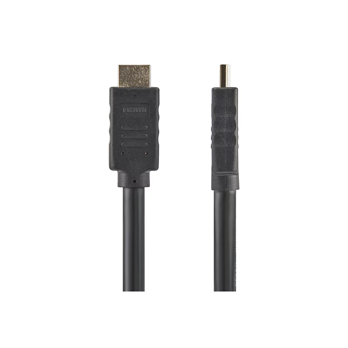 Ein schwarzes HDMI-Kabel mit vergoldeten Anschlüssen, das auf weißem Hintergrund abgebildet ist.