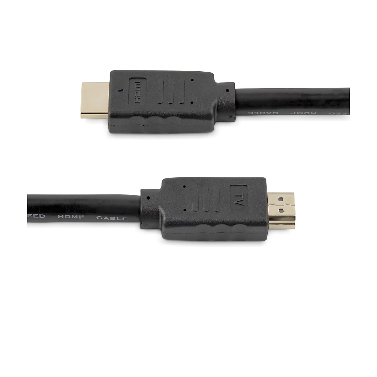 Zwei schwarze HDMI-Kabel, die nebeneinander auf weißem Hintergrund liegen. Der HDMI-Anschluss hat einen goldenen Stecker.