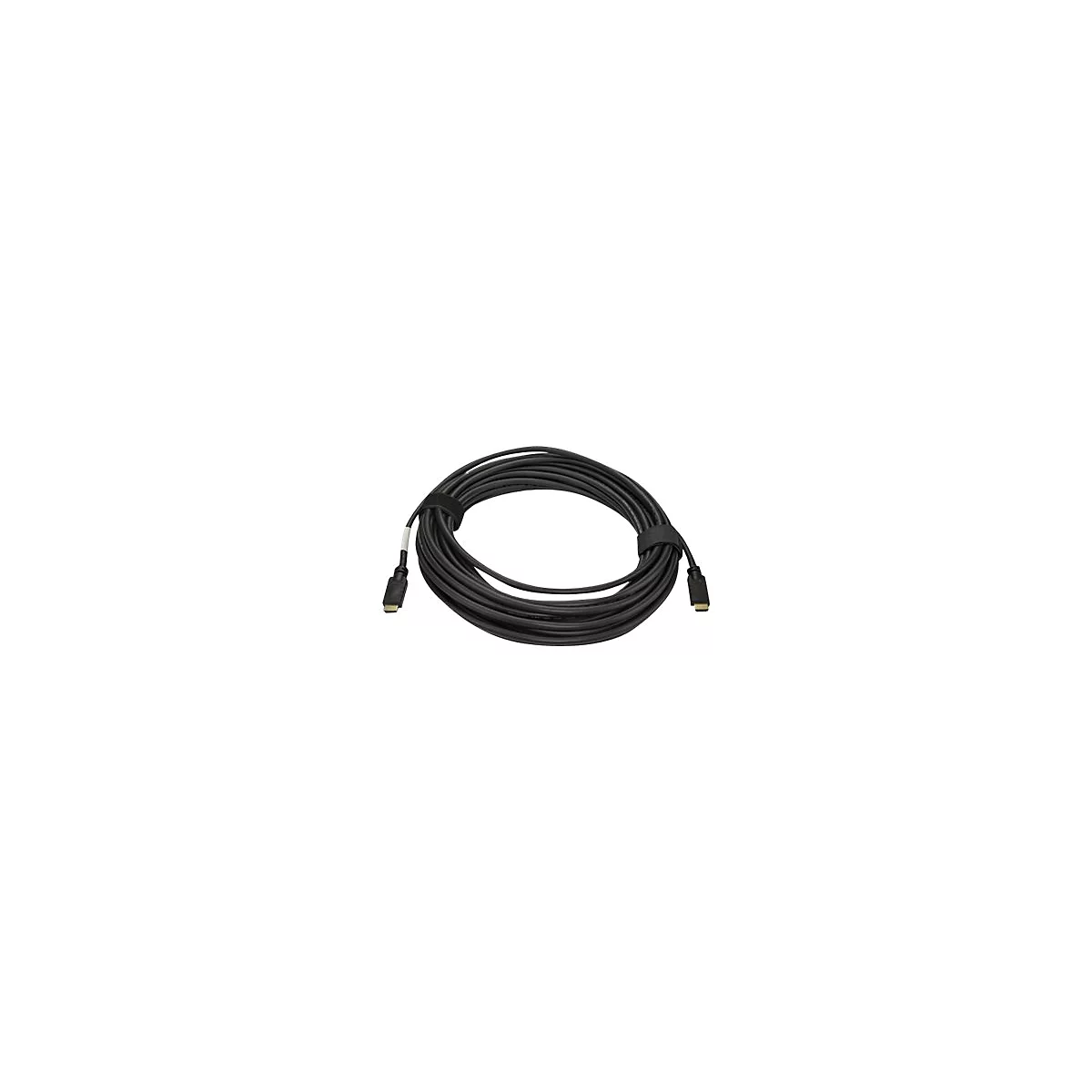Schwarzes HDMI-Kabel in Spiralform, mit Klettverschluss fixiert.