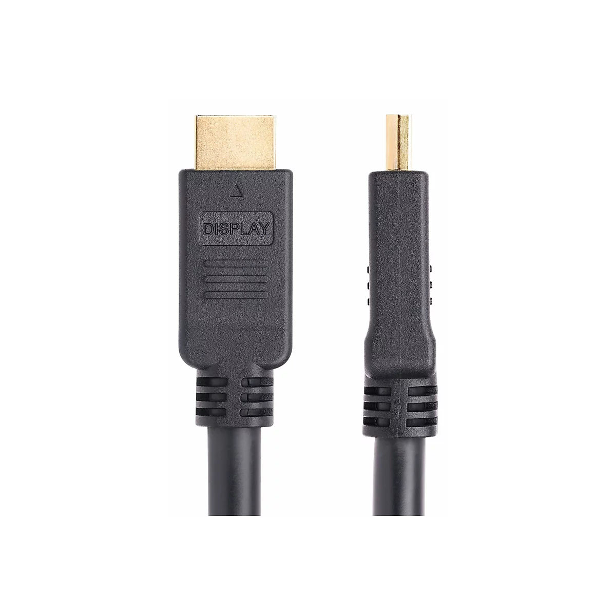 Zwei schwarze HDMI-Kabel, eines mit der Aufschrift "DISPLAY", vor weißem Hintergrund.