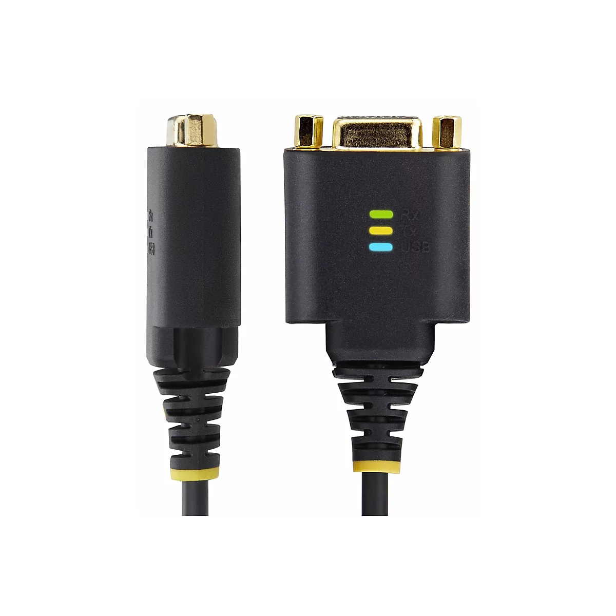 Zwei schwarze Kabelstecker mit goldenen Anschlüssen und LED-Statusanzeigen vor weißem Hintergrund.