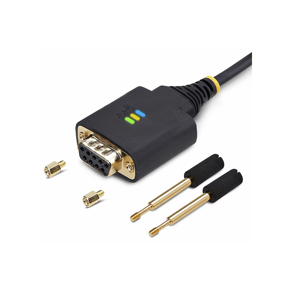 Ein schwarzer USB-Adapter mit gelbem Anschluss, zwei goldenen Schrauben und zwei Stiften mit schwarzen Griffen, vor weißem Hintergrund.
