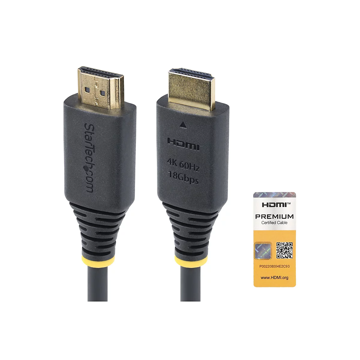Zwei schwarze HDMI-Kabel mit goldenen Steckern und einem Aufkleber mit HDMI Premium Zertifizierung. Auf einem Kabel steht Startech.com, auf dem anderen HDMI 4K 60Hz 18Gbps.