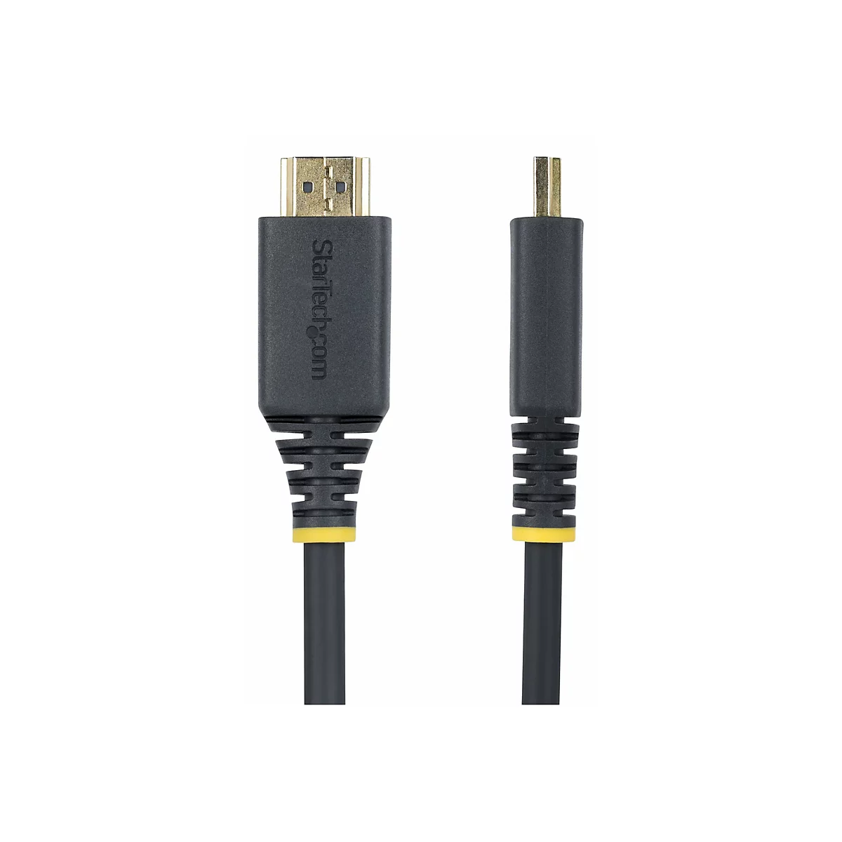 Ein schwarzes HDMI-Kabel mit goldenen Steckern. Auf einem Stecker steht "Startech.com". Gelber Akzent.