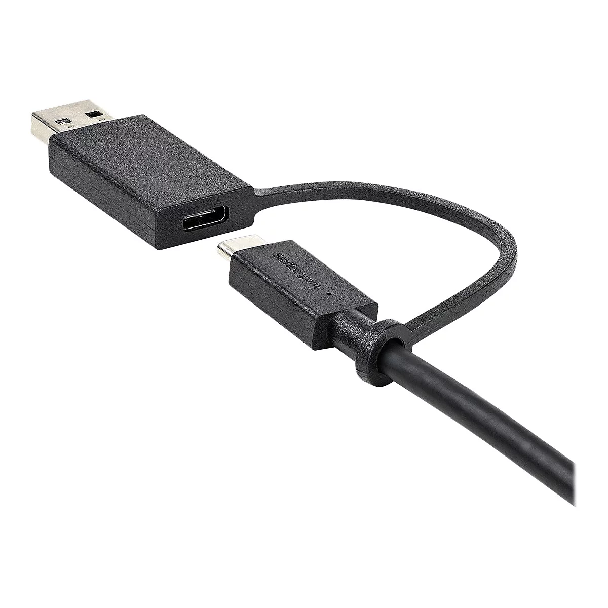 Schwarzes USB-C-Adapterkabel mit USB-A- und USB-C-Anschlüssen. Der Stecker ist mit „StarTech.com“ beschriftet.